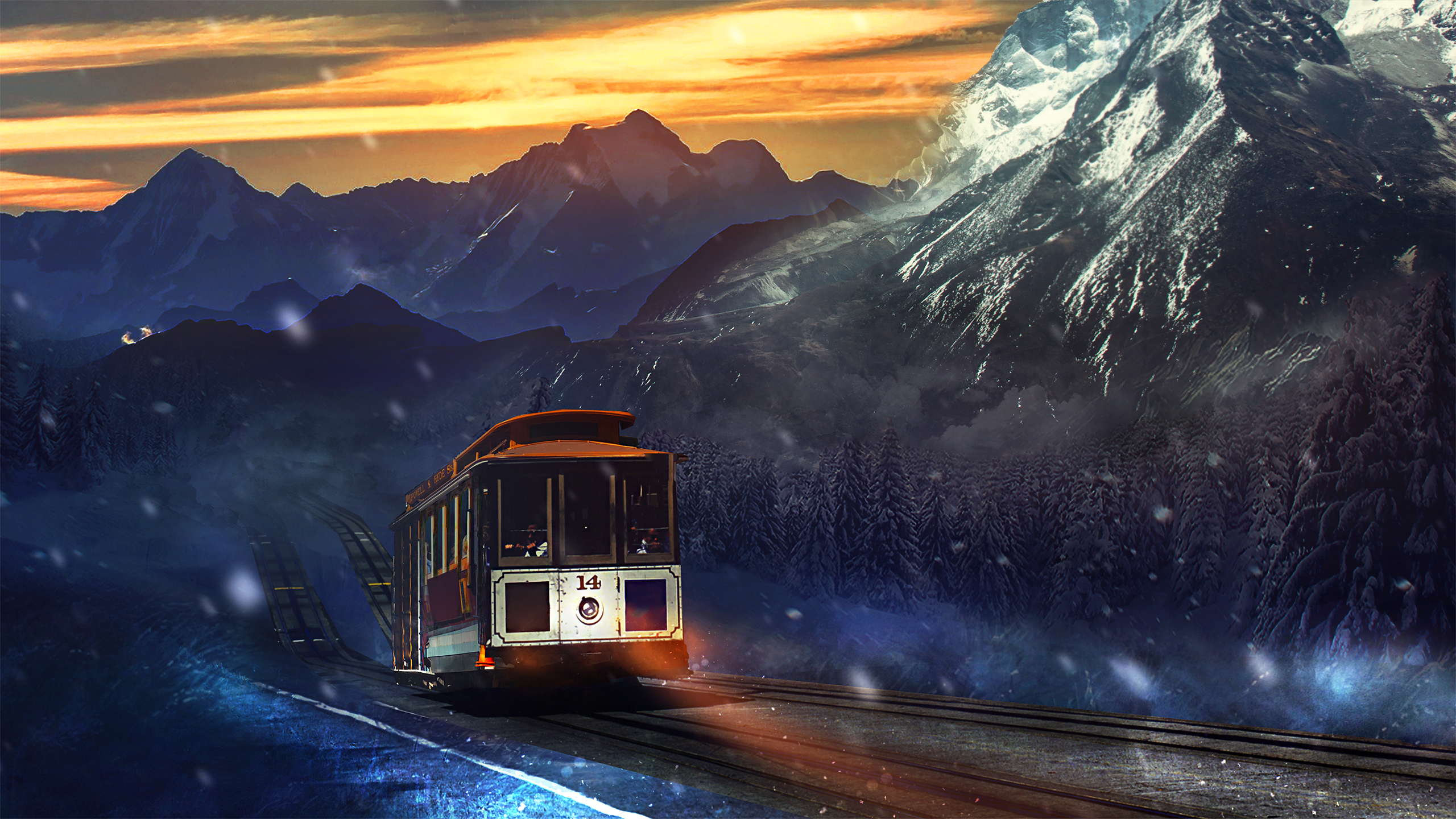 Vintage tram on a snowy mountain track at sunset HD Wallpaper
