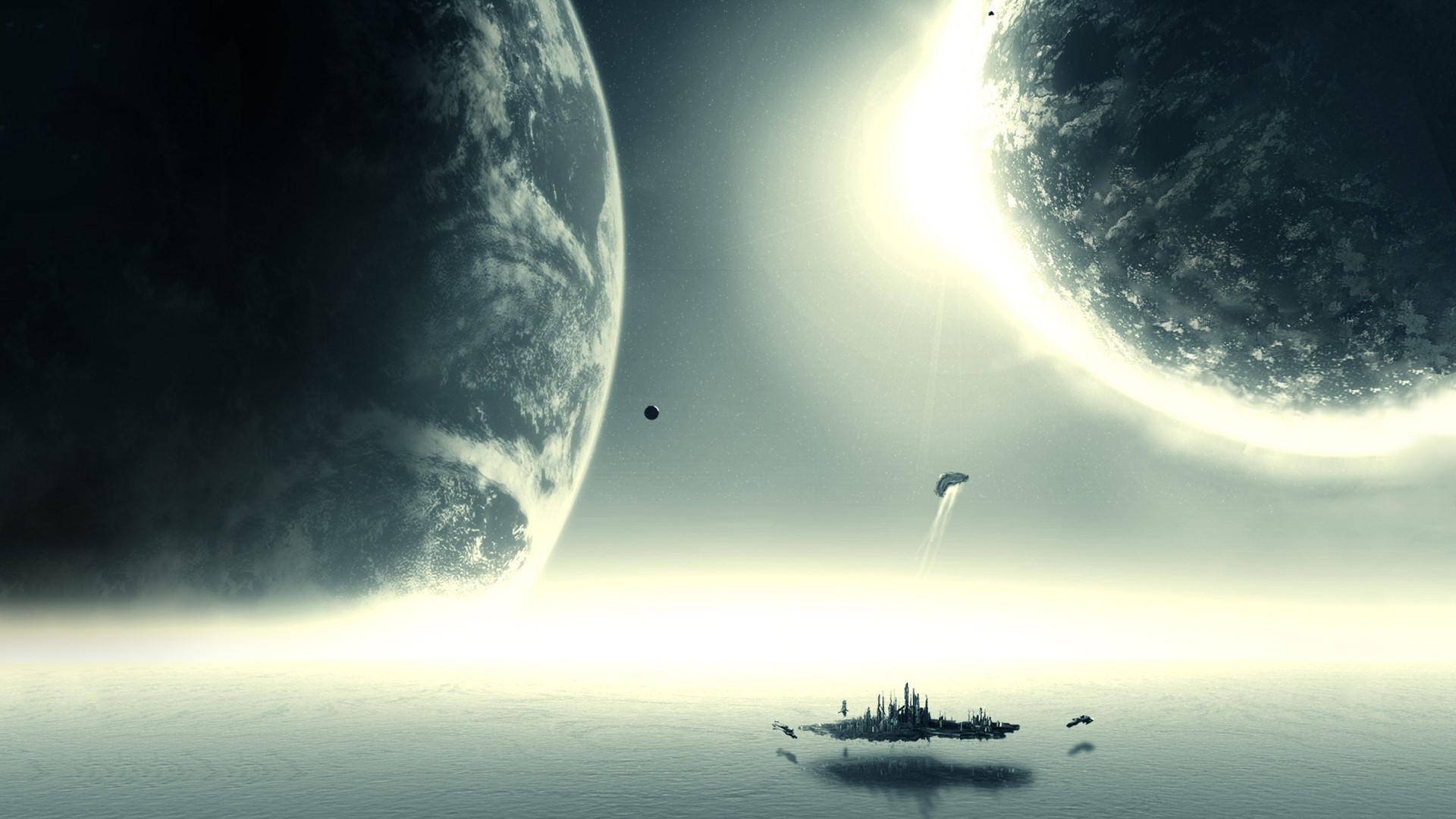 Alien water world with planets and spaceships HD Wallpaper