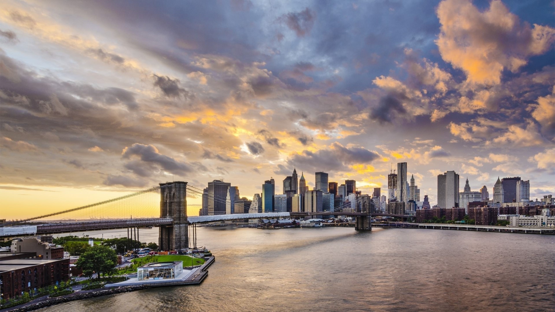 Brooklyn Bridge and Manhattan Skyline at Sunset HD Wallpaper