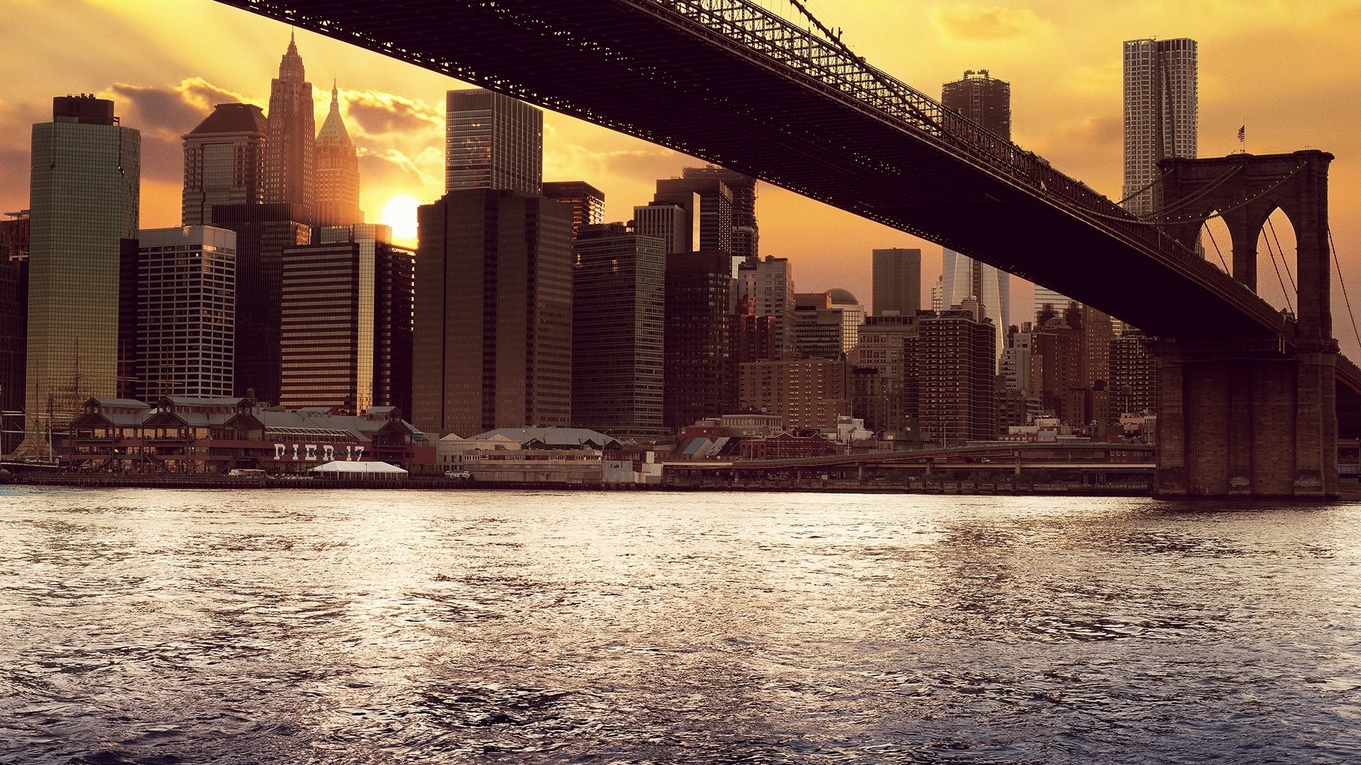 Brooklyn Bridge and Manhattan Skyline at Dawn HD Wallpaper