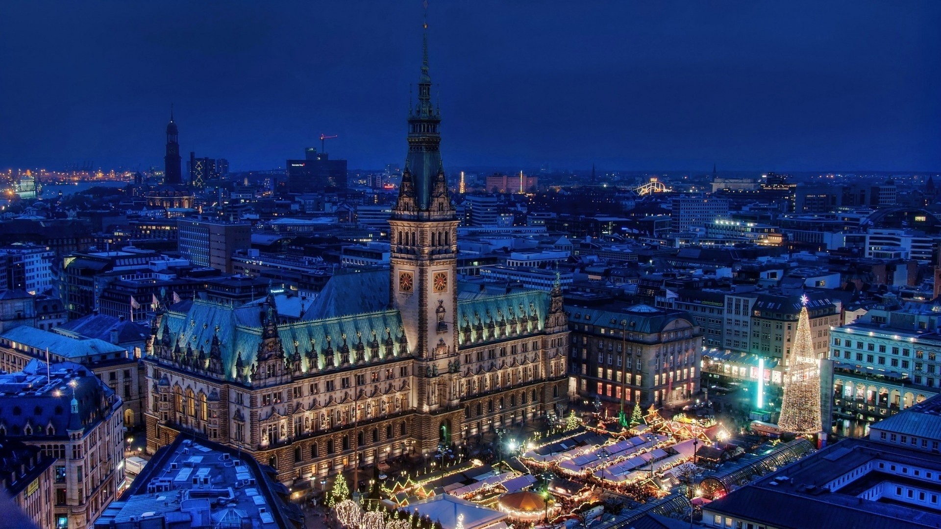 Hamburg Town Square Christmas Celebration at Night HD Wallpaper