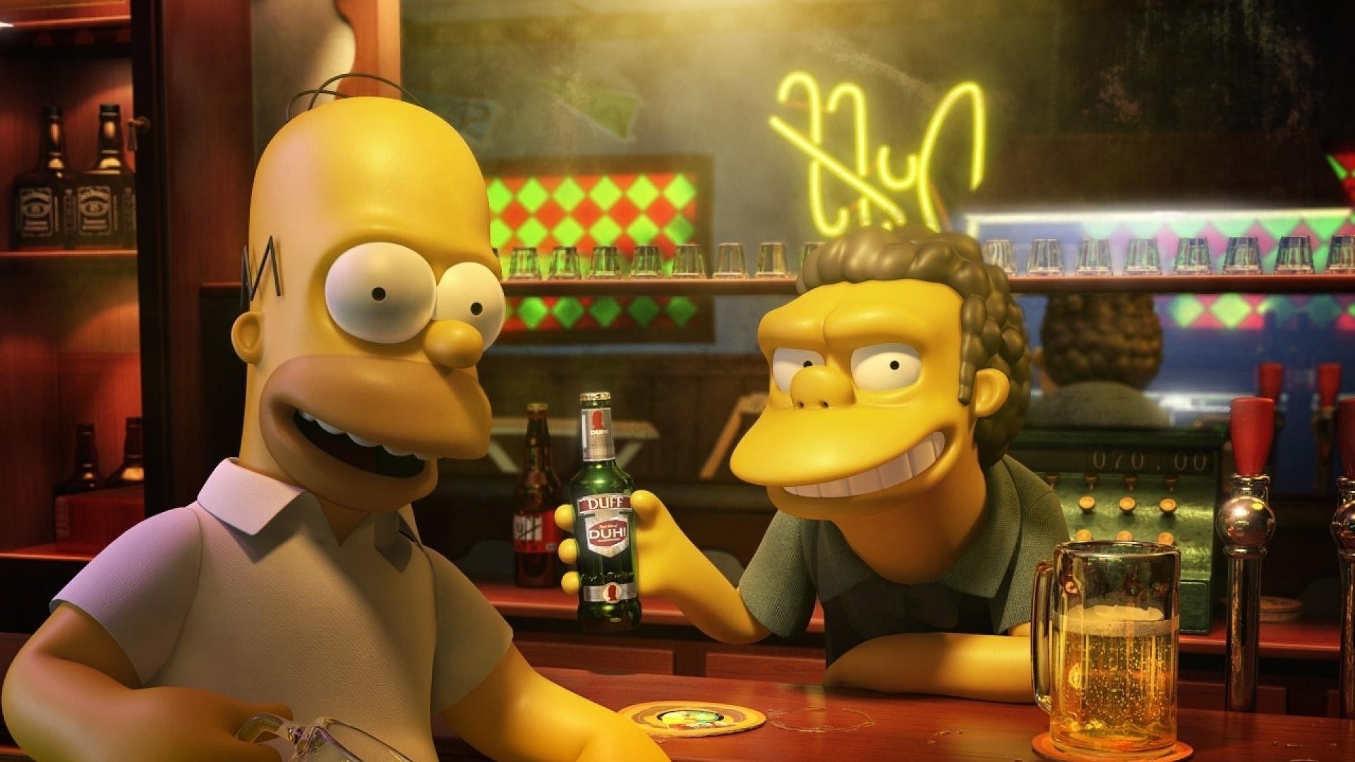 Homer and Moe from The Simpsons at a bar HD Wallpaper