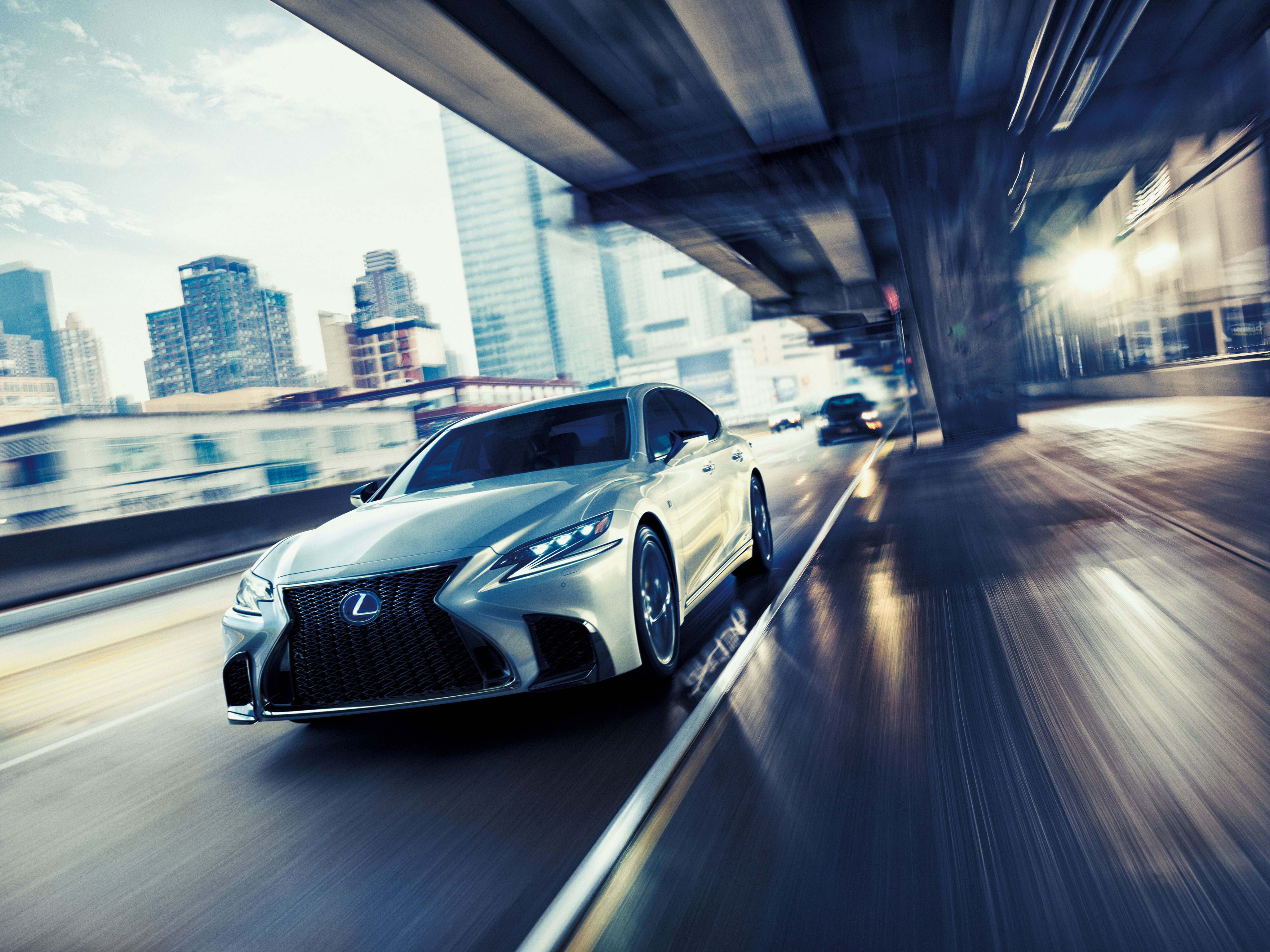 2017 Lexus LS 500 F Sport driving under overpass HD Wallpaper