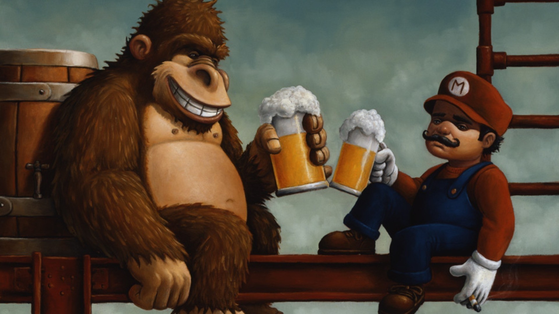 Mario and Donkey Kong drinking beer HD Wallpaper