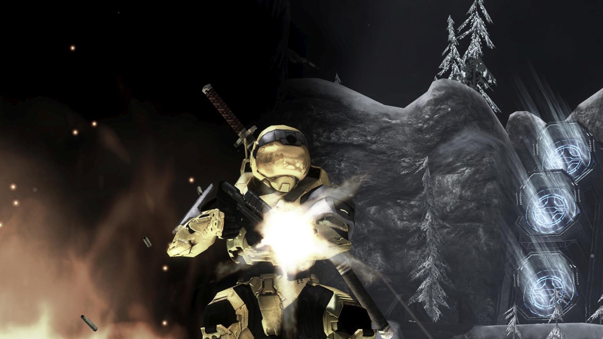 Master Chief firing weapon in snowy landscape HD Wallpaper