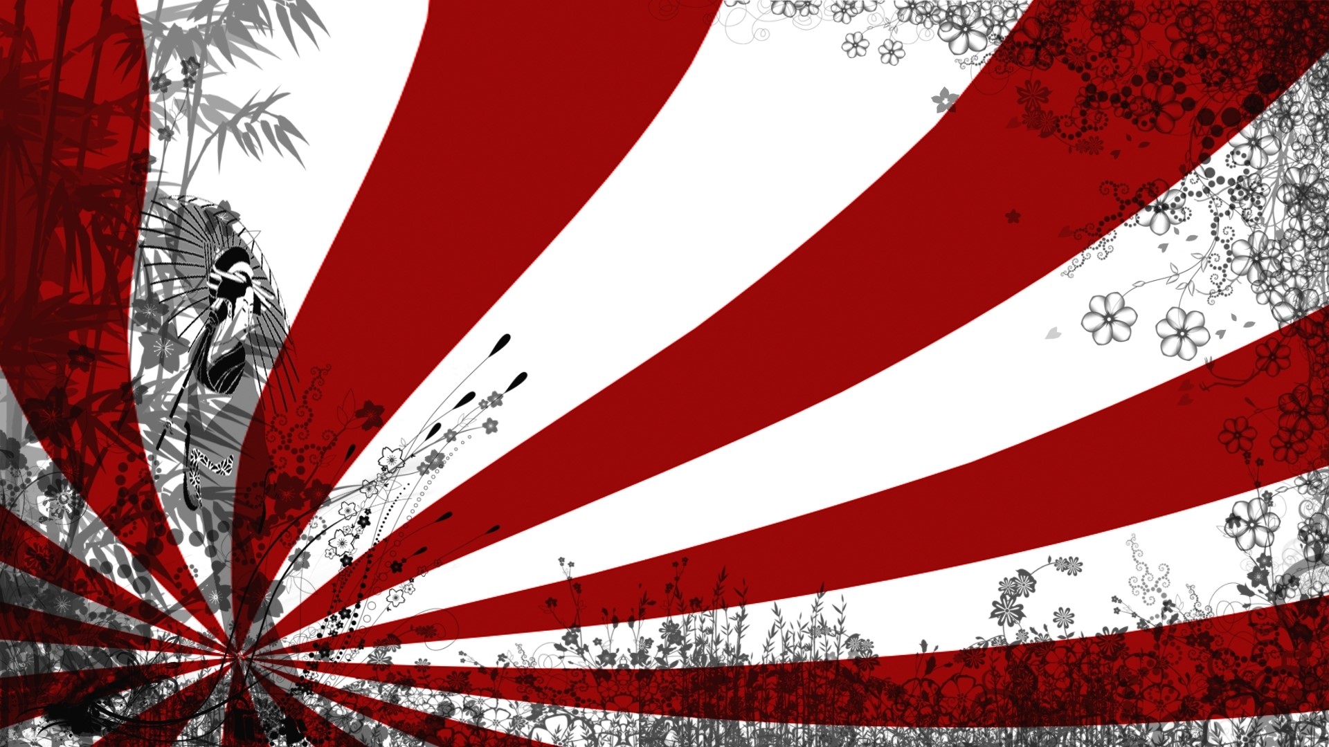Japanese sunburst with geisha and bamboo HD Wallpaper