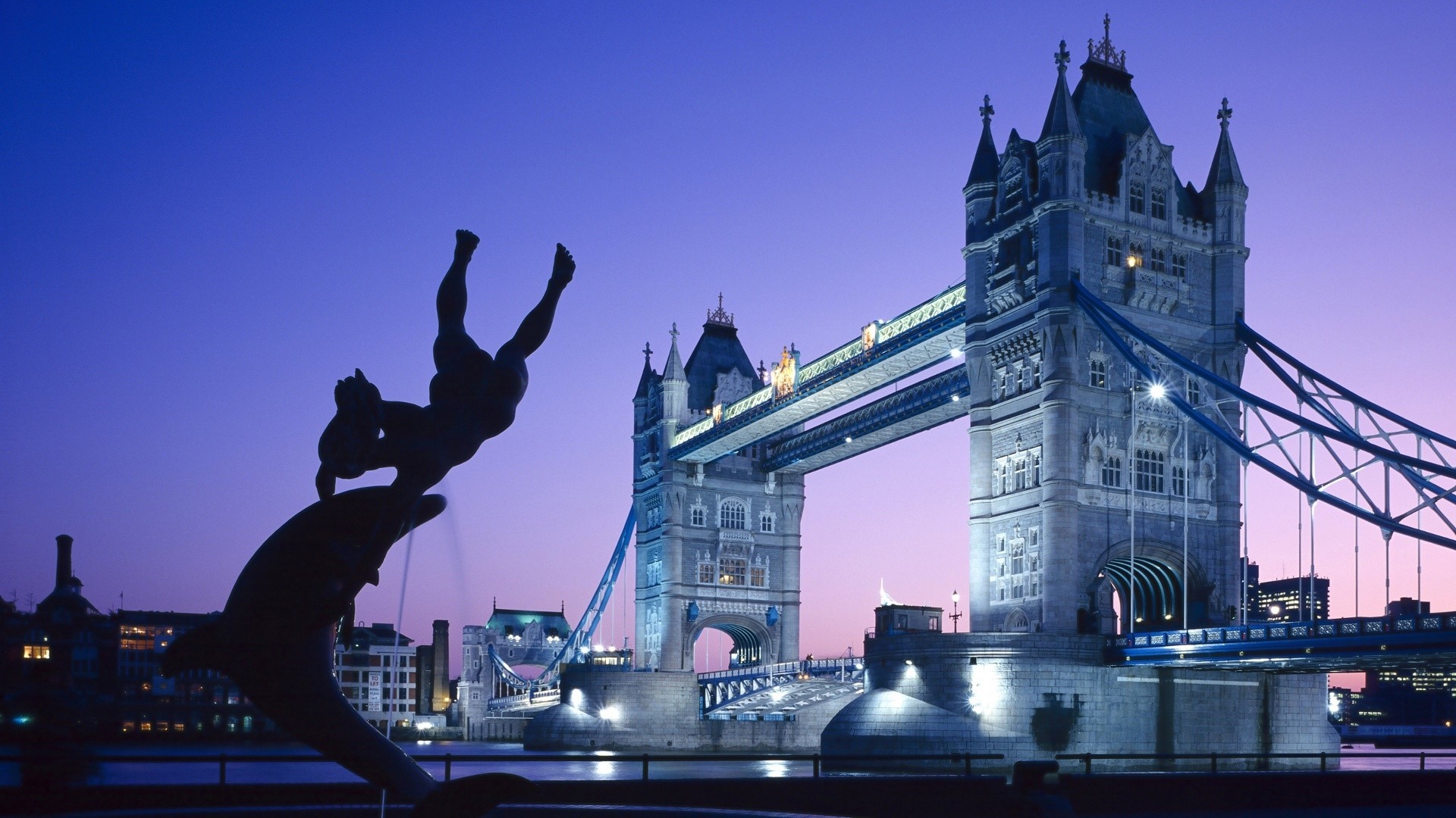 Tower Bridge and statue at dusk HD Wallpaper