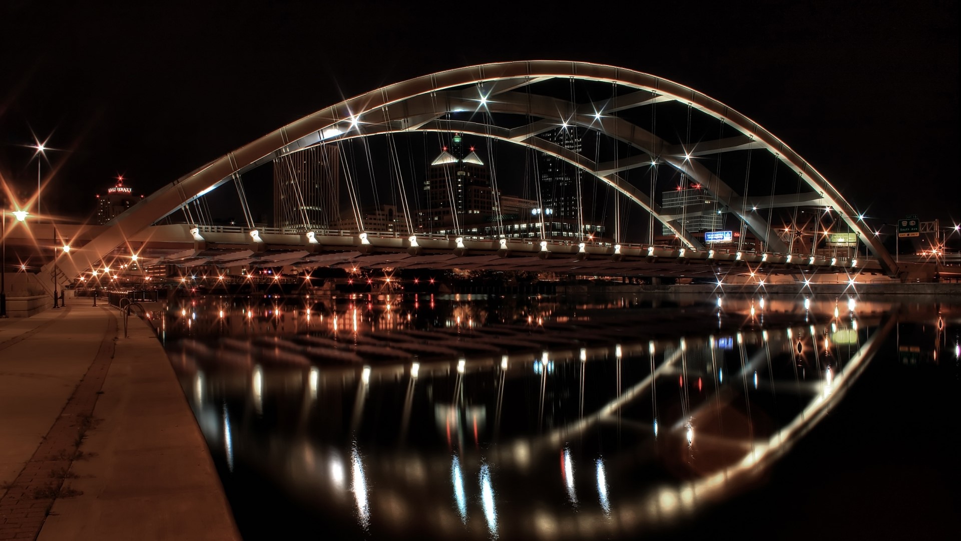 Night view of a modern bridge over a river HD Wallpaper