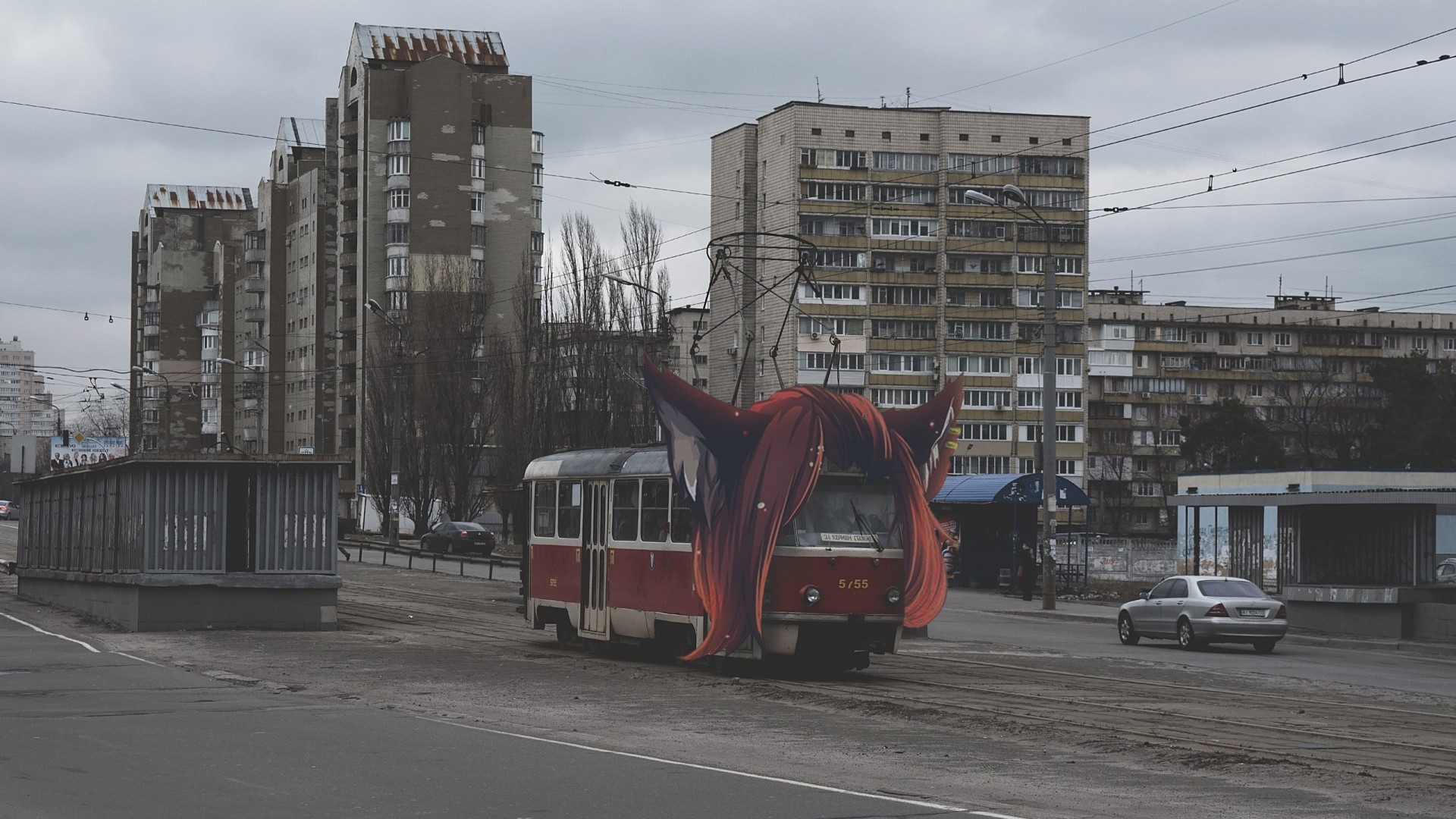 Anime character wig on a tram in a city HD Wallpaper