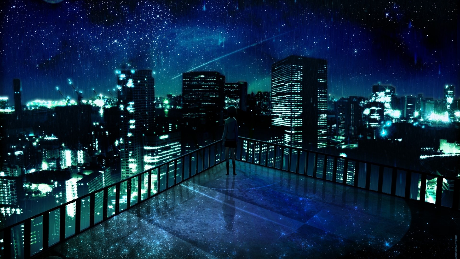 Anime Girl on Rooftop Overlooking Starry Cityscape HD Wallpaper