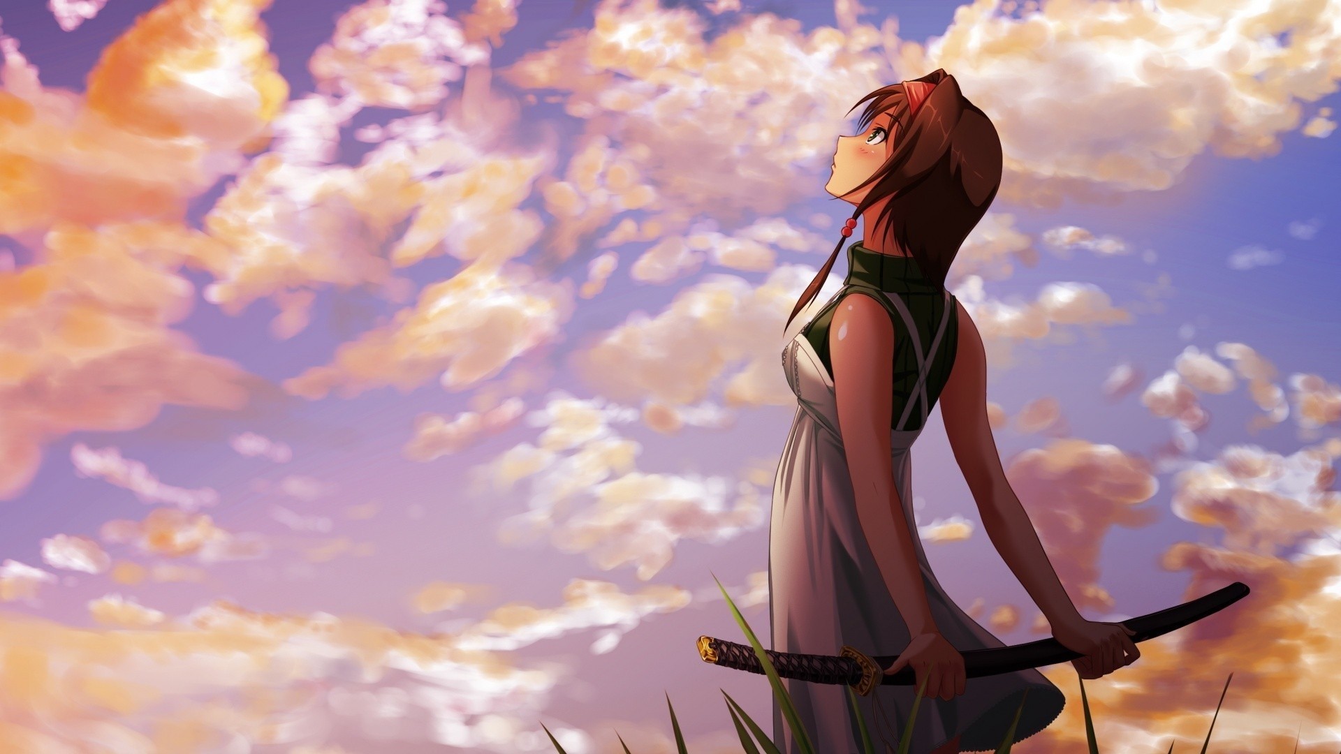 Anime girl with sword gazing at the sky HD Wallpaper