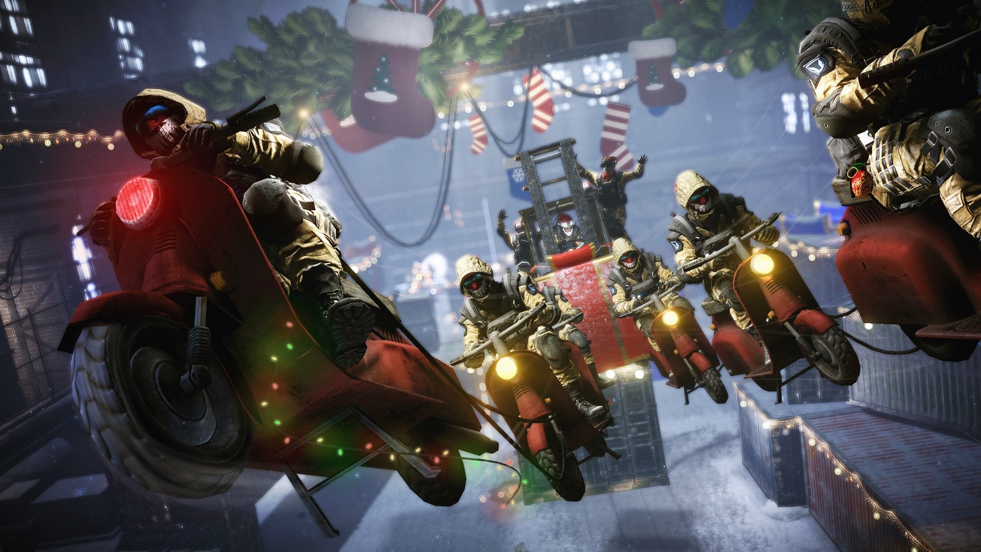 Warface soldiers on scooters with Christmas decorations HD Wallpaper