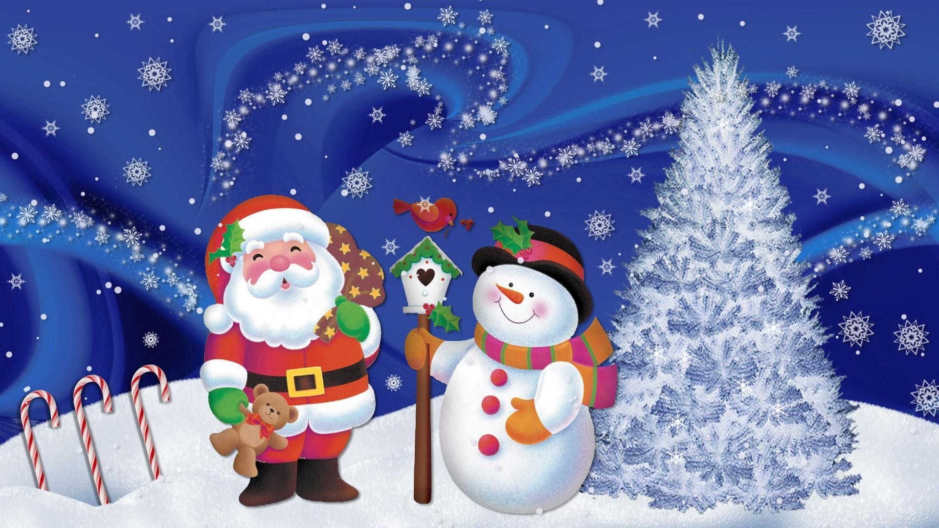 Santa Claus and snowman with Christmas tree HD Wallpaper