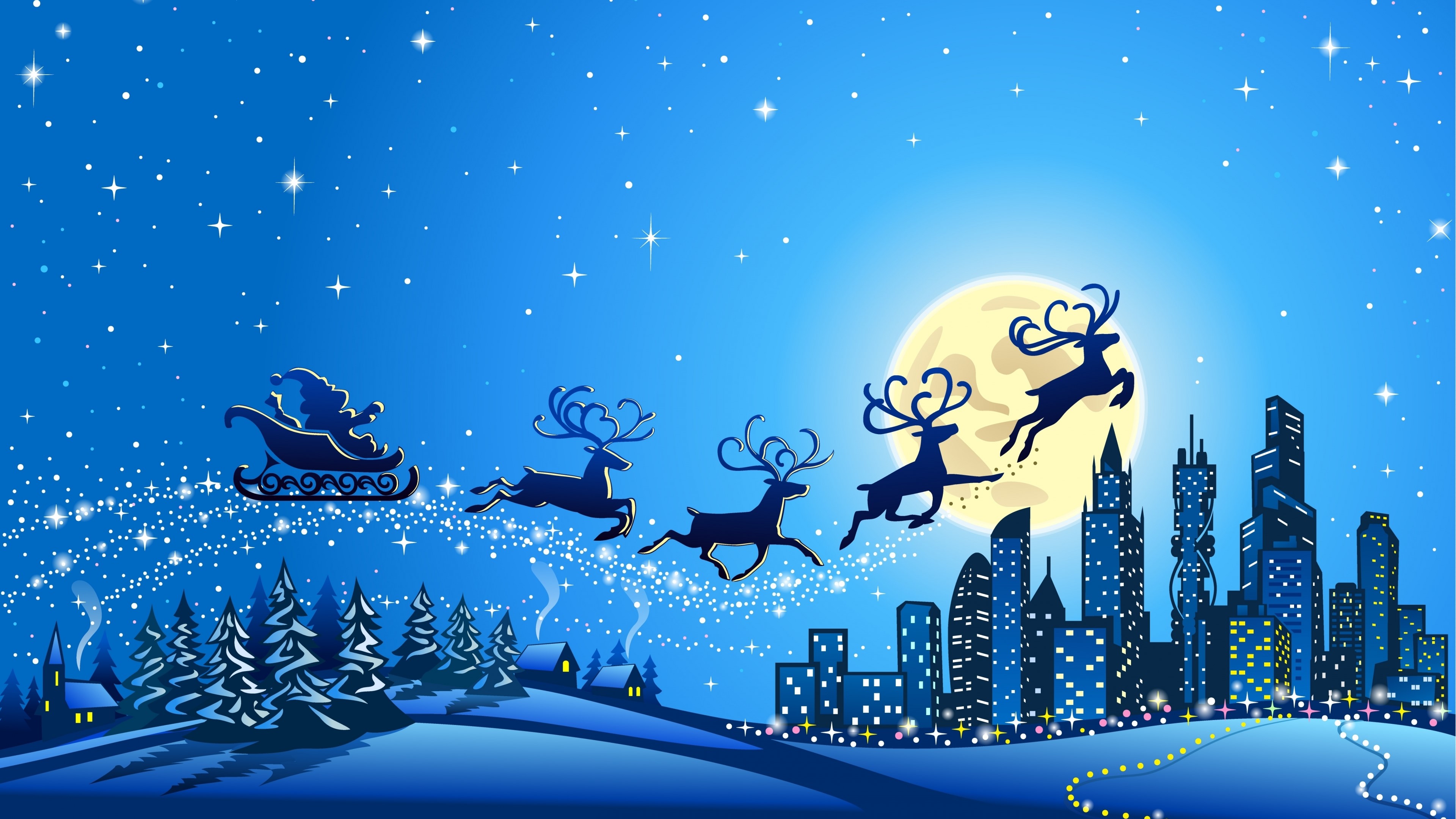 Santa Claus flying over a city at night HD Wallpaper