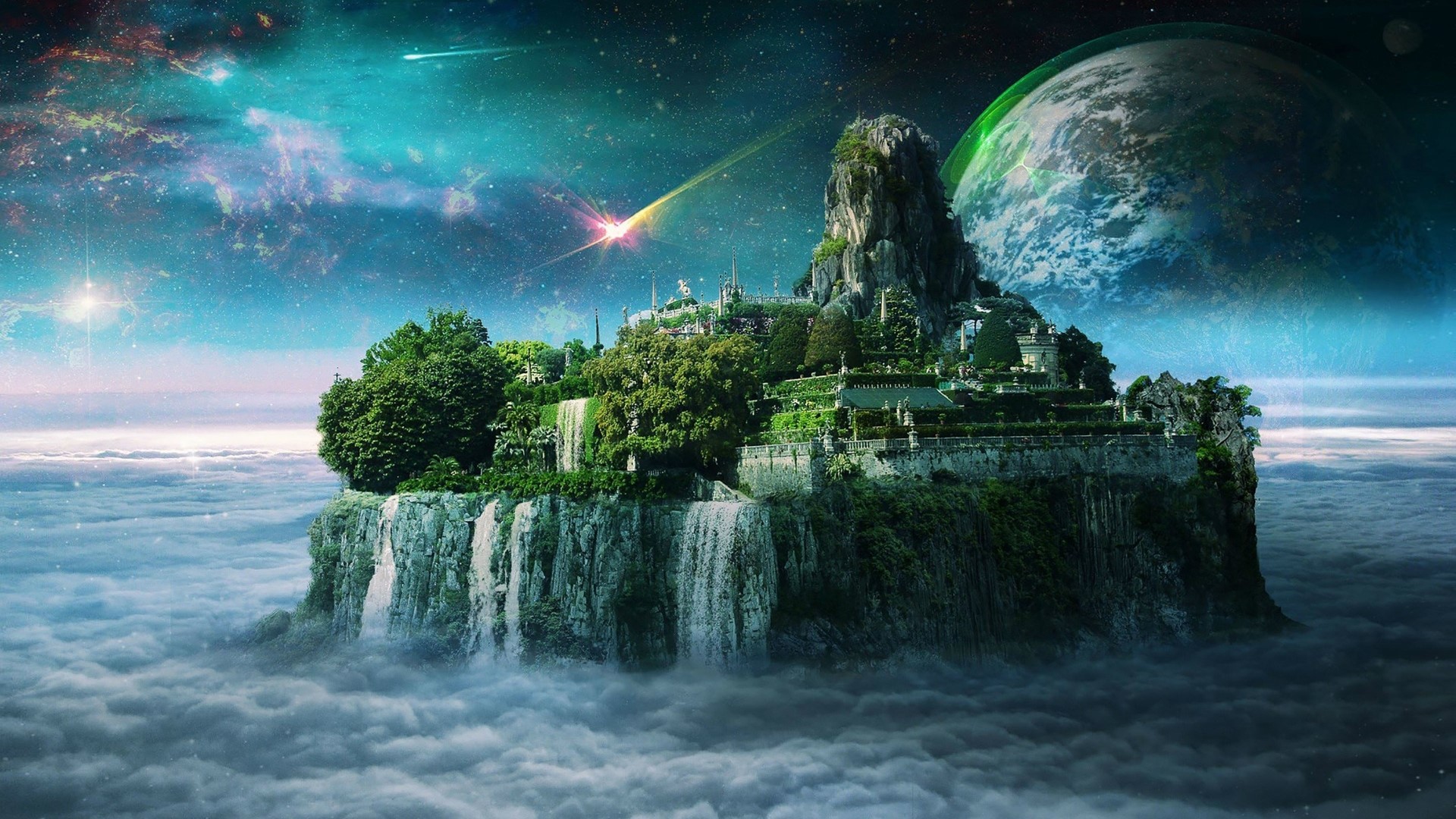 Fantasy island in space with waterfalls and a planet HD Wallpaper