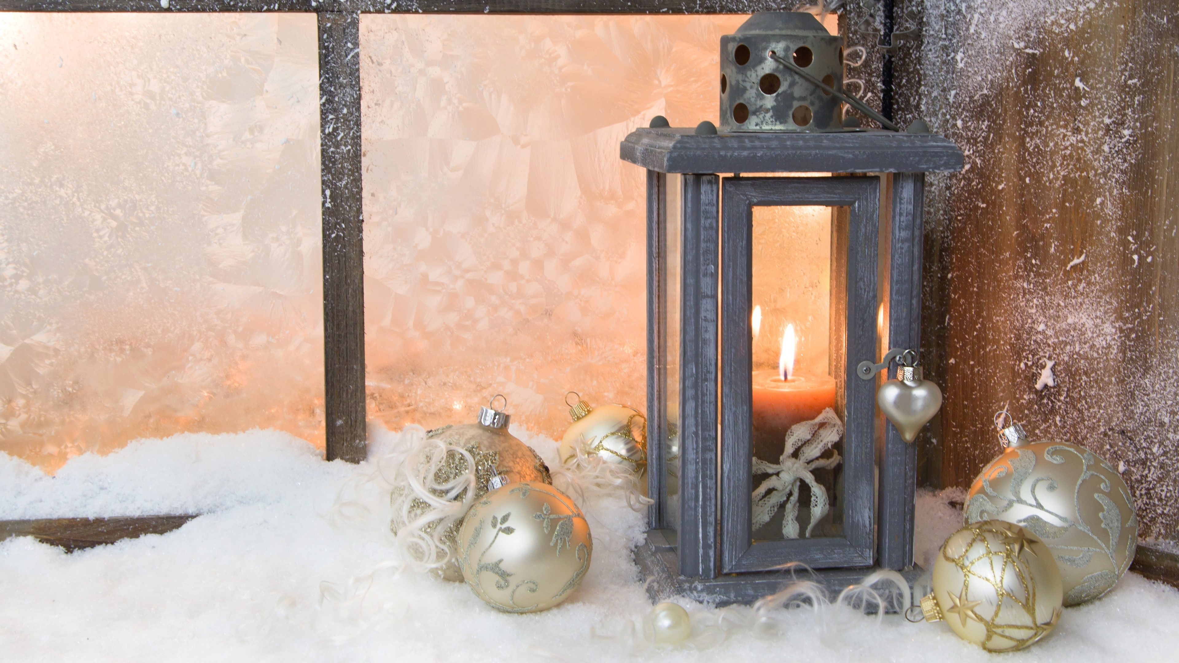 4K New Year lantern with candle and ornaments HD Wallpaper