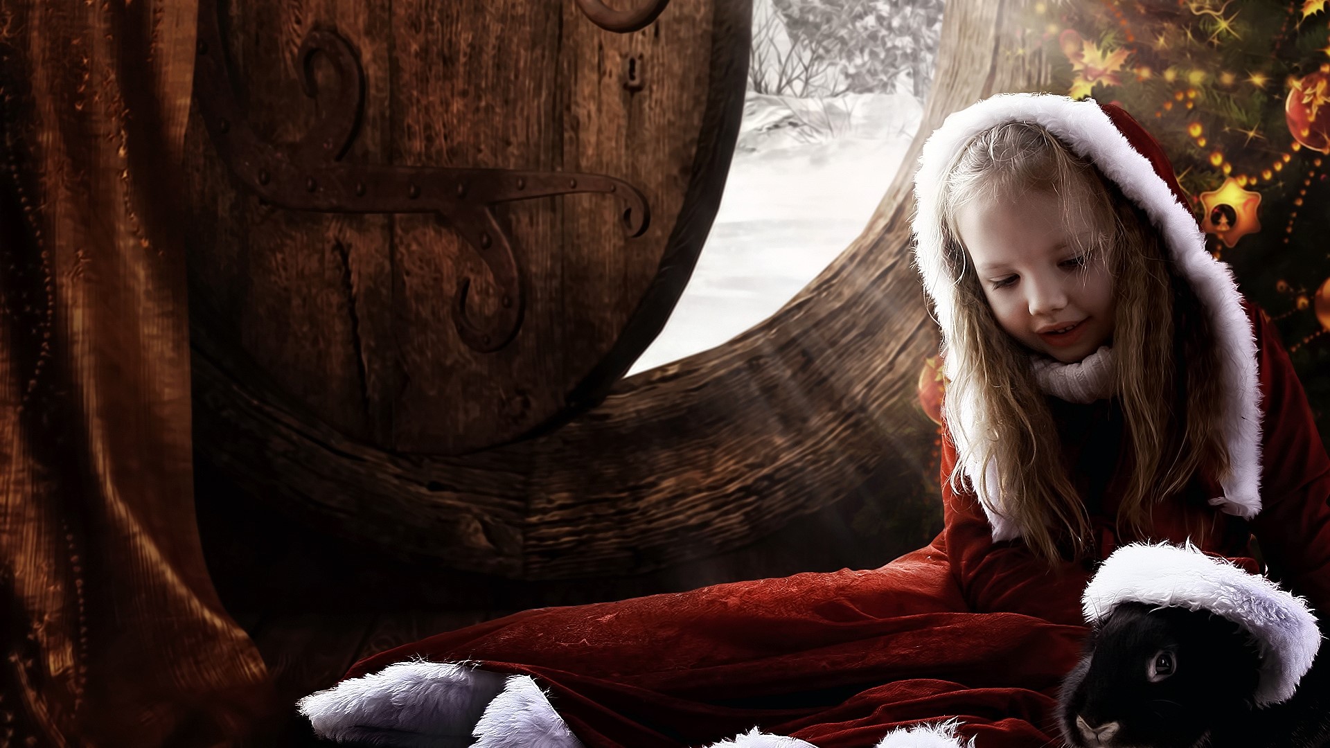 Girl in Santa costume with rabbit and Christmas tree HD Wallpaper