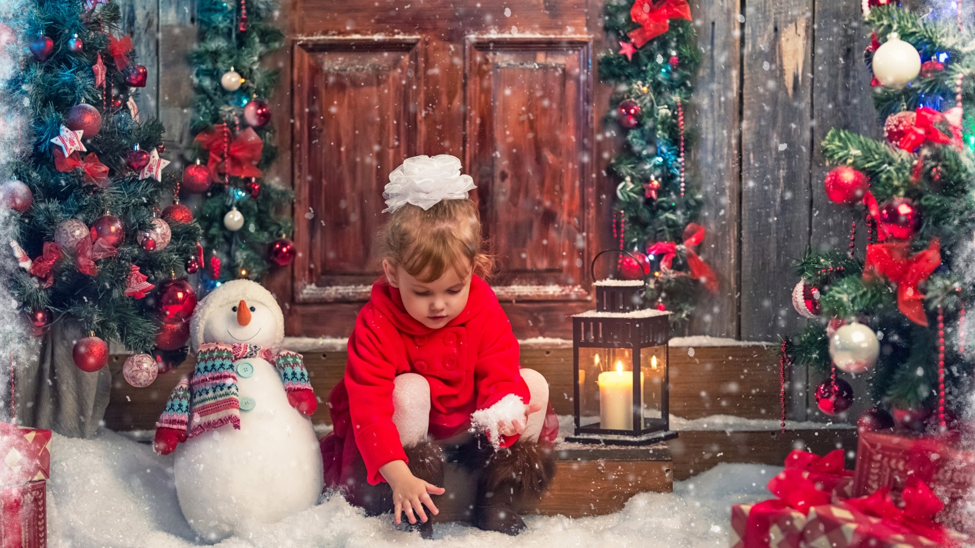 Girl and Snowman by Christmas Trees HD Wallpaper