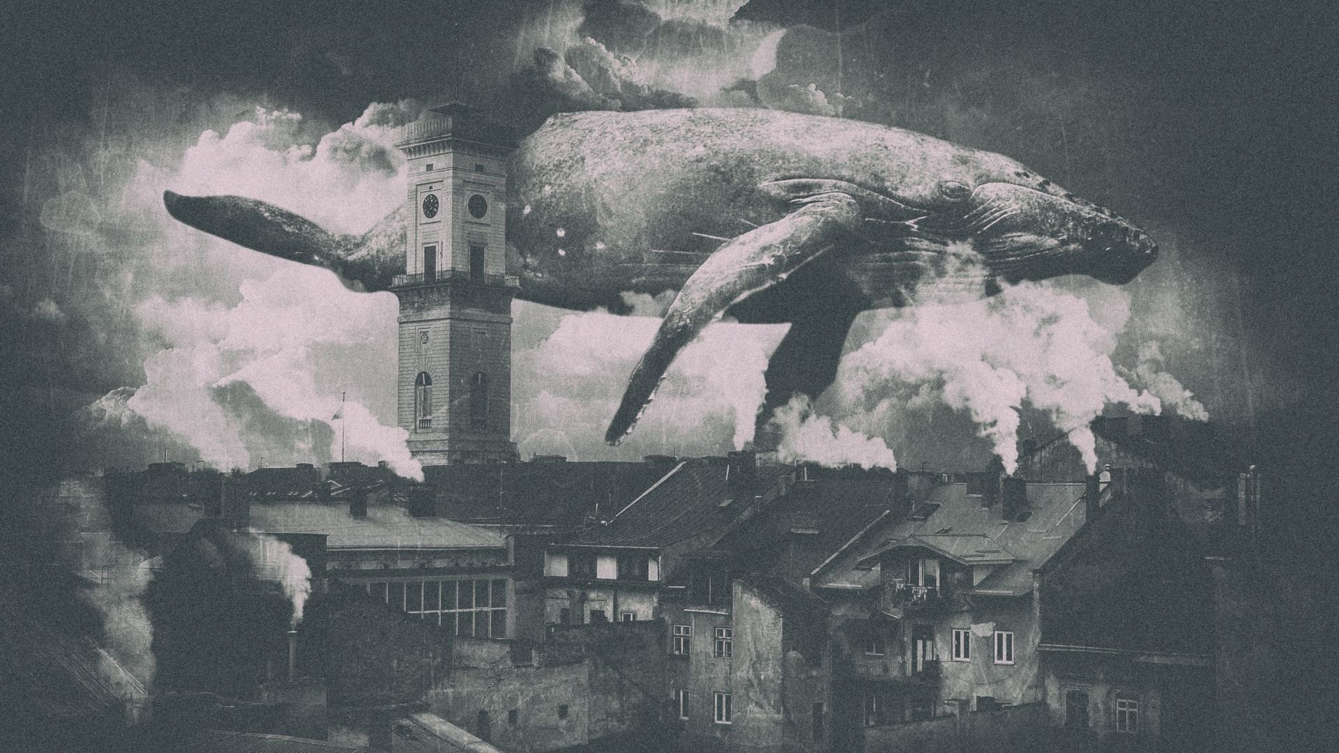 Whale flying over city with clock tower HD Wallpaper