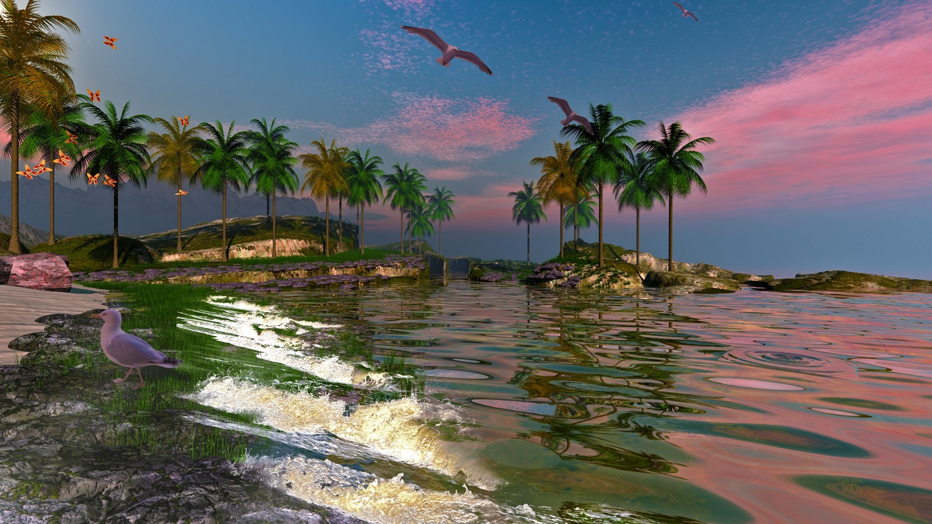 Tropical island with palm trees and ocean at sunset HD Wallpaper