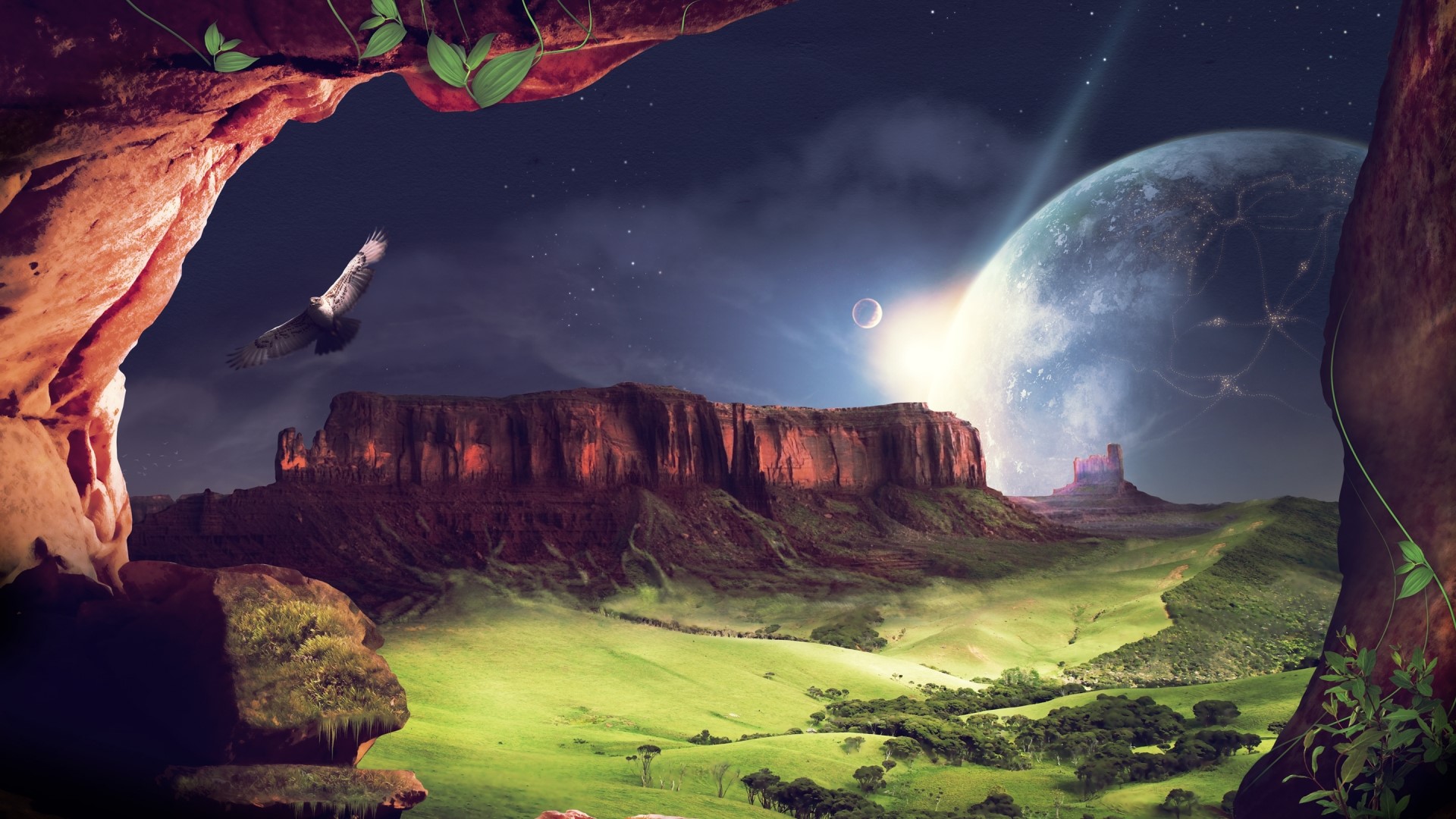 Fantasy landscape with eagle and alien planet HD Wallpaper