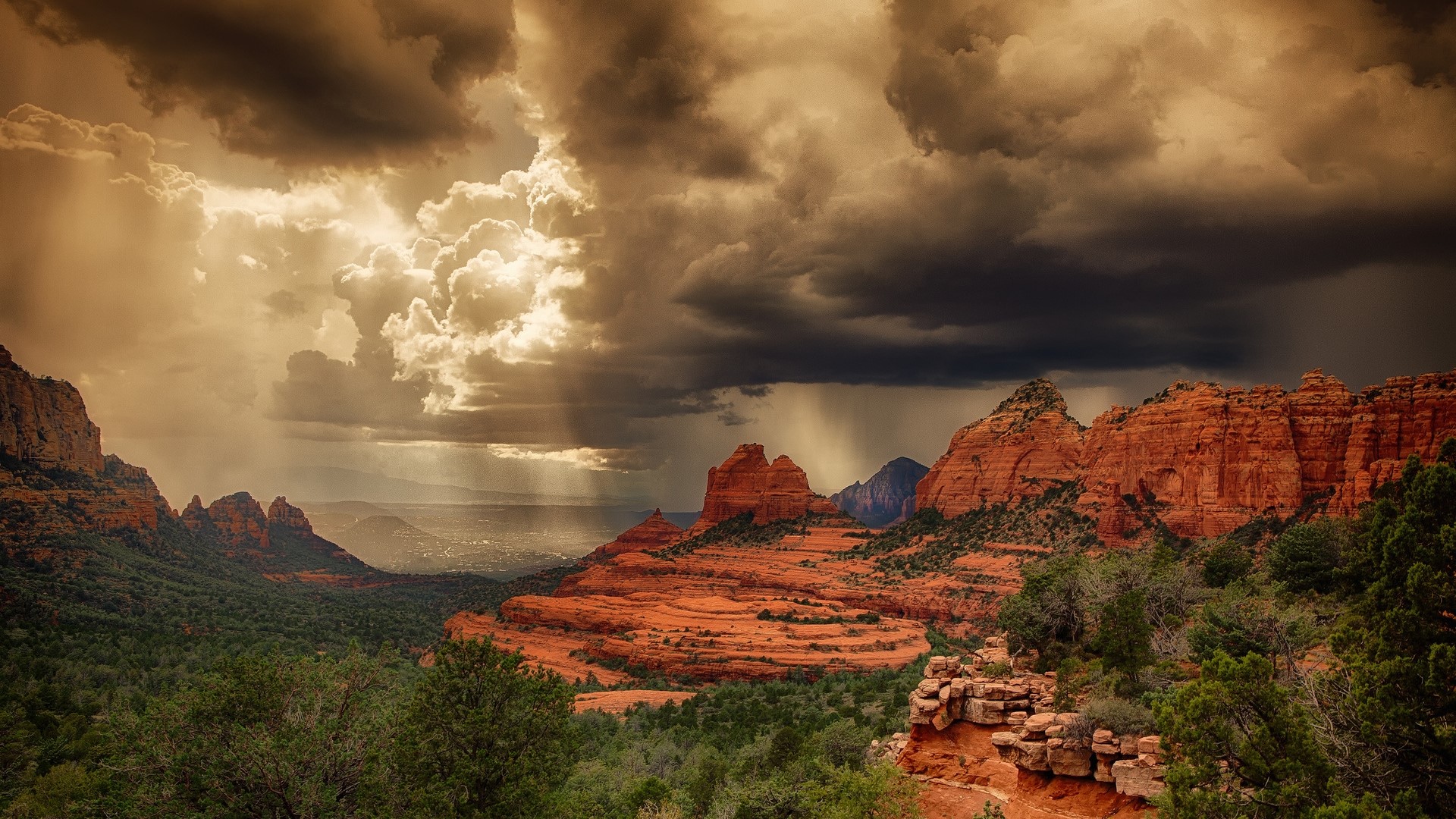 Stormy Sky Over Red Rock Formations in Arizona HD Wallpaper