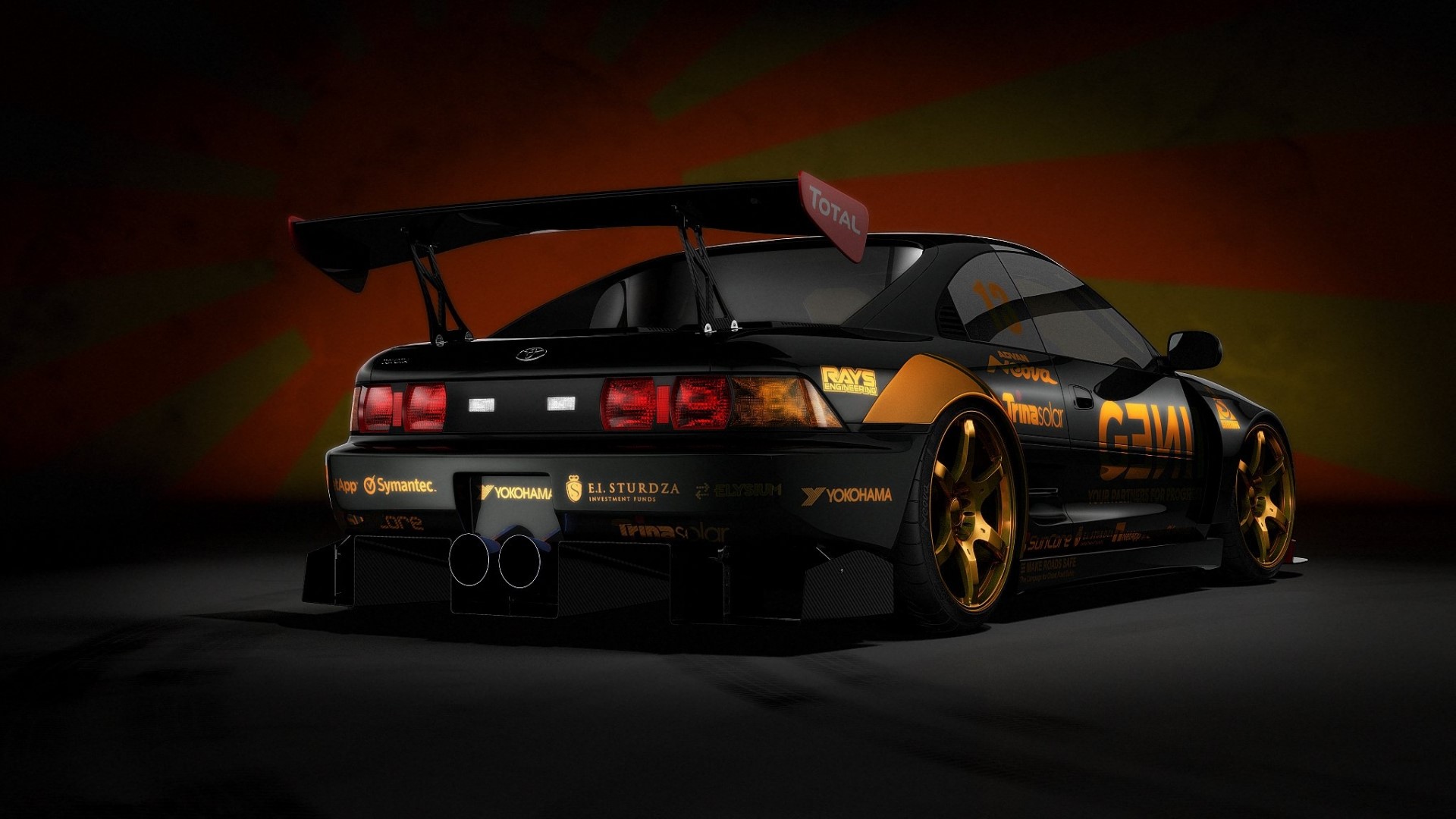 Black Toyota MR2 with gold accents and large spoiler HD Wallpaper