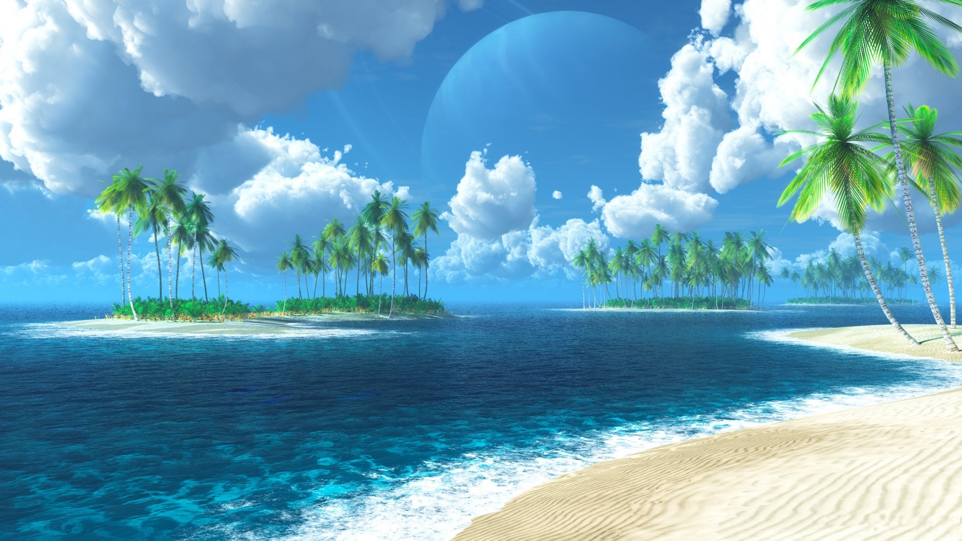 Tropical Islands with Palm Trees and a Large Planet HD Wallpaper