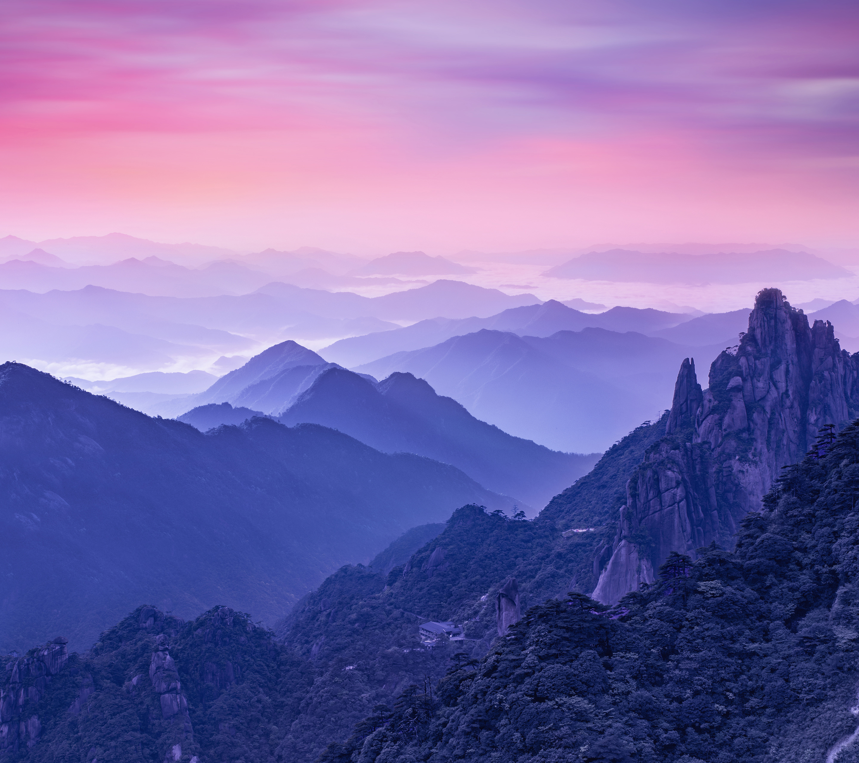 Misty mountains at sunrise with pink sky HD Wallpaper