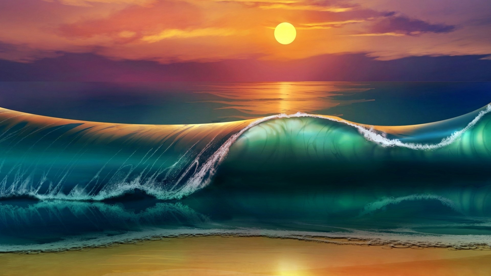 Wave crashing on a beach at sunset HD Wallpaper