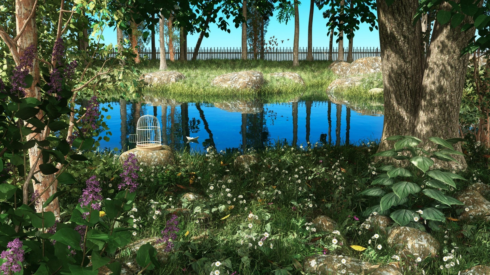 A tranquil pond surrounded by trees and flowers HD Wallpaper