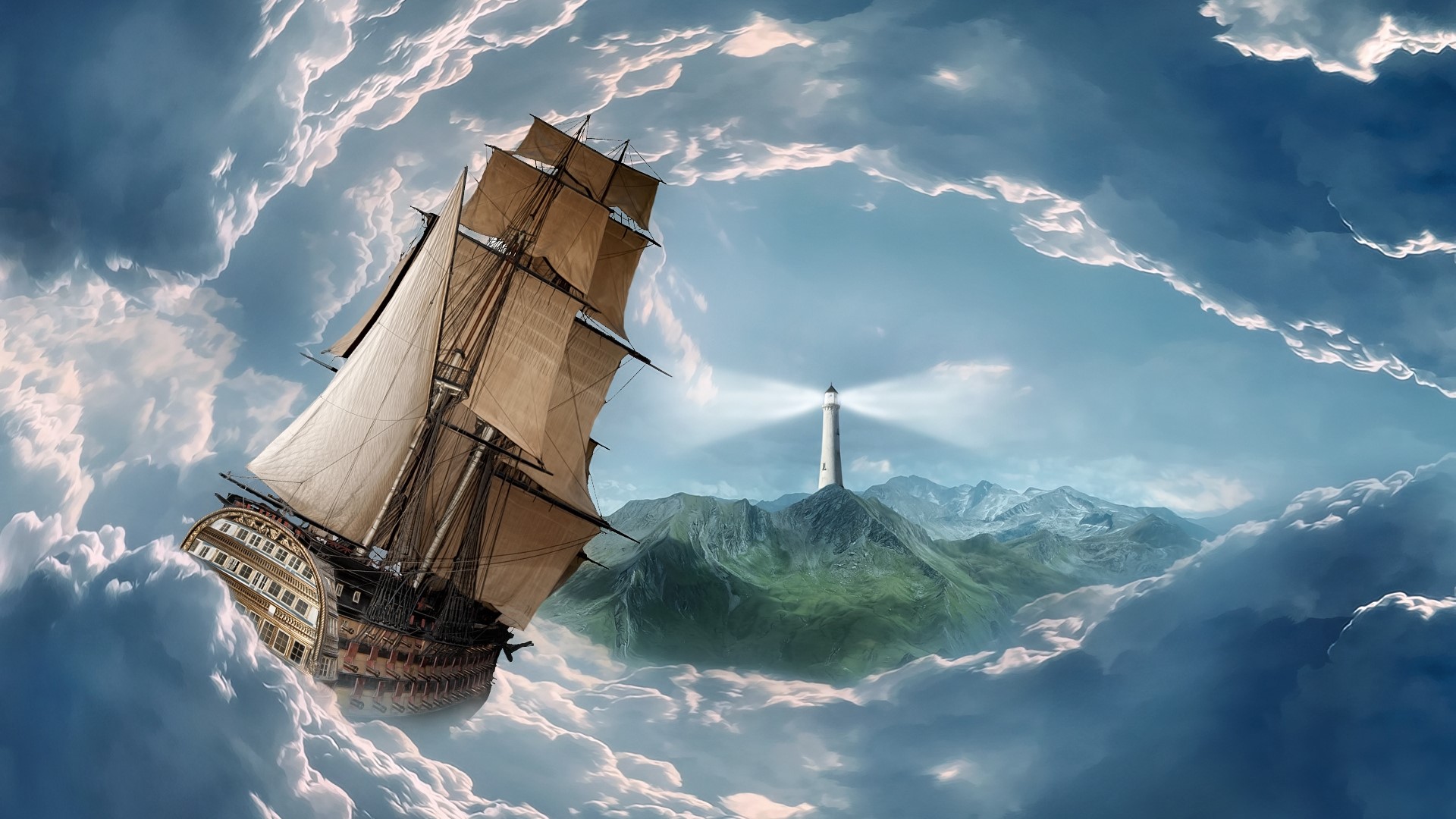 Sailboat sailing through clouds towards a lighthouse HD Wallpaper