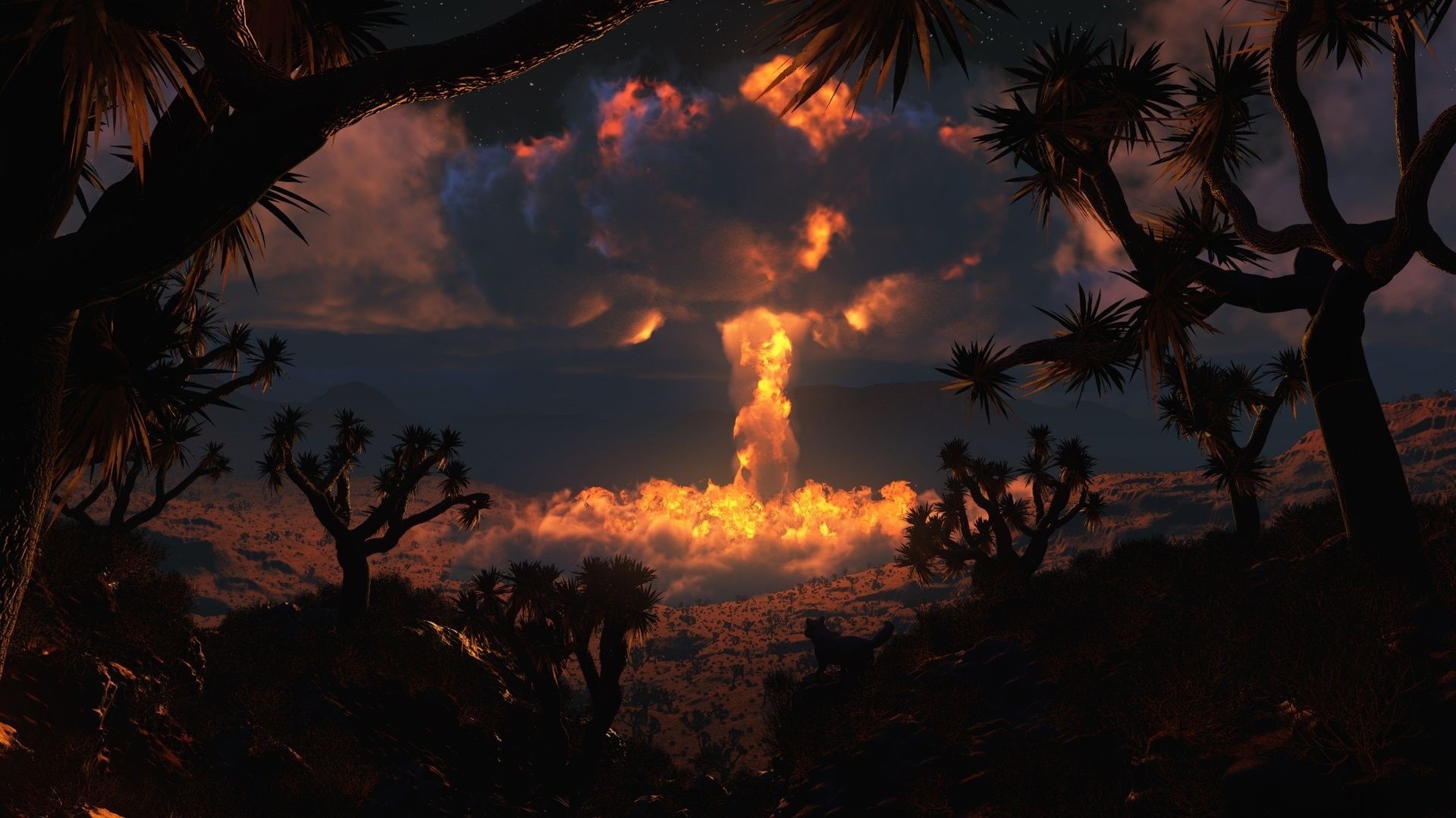 Nuclear explosion in desert with Joshua trees HD Wallpaper