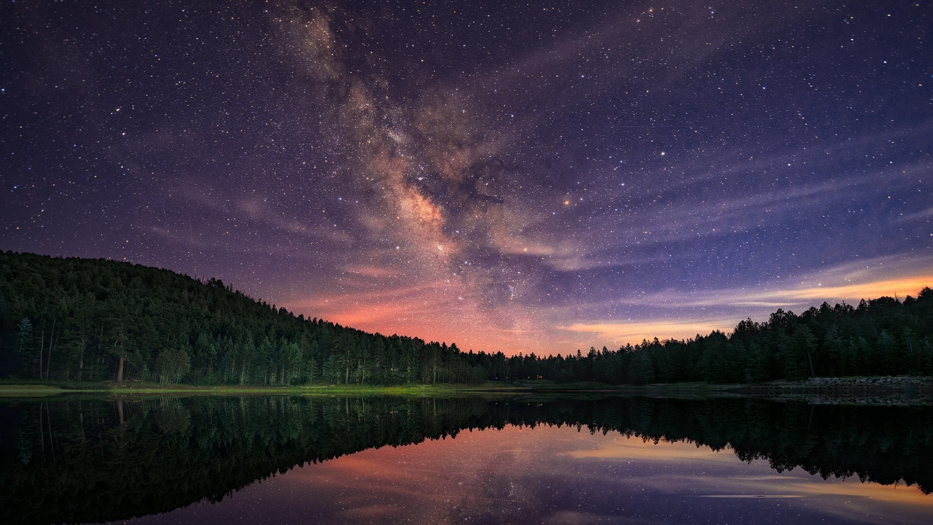 Milky Way over a forest lake at night HD Wallpaper