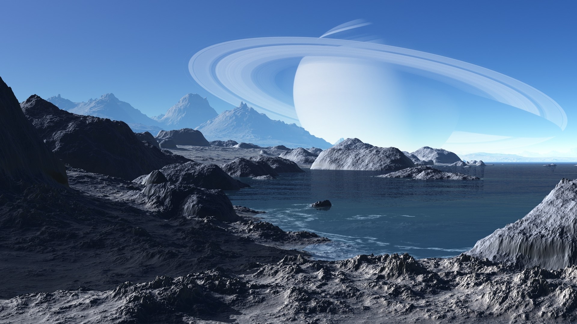 Saturn's Rings over a Rocky Alien Landscape HD Wallpaper