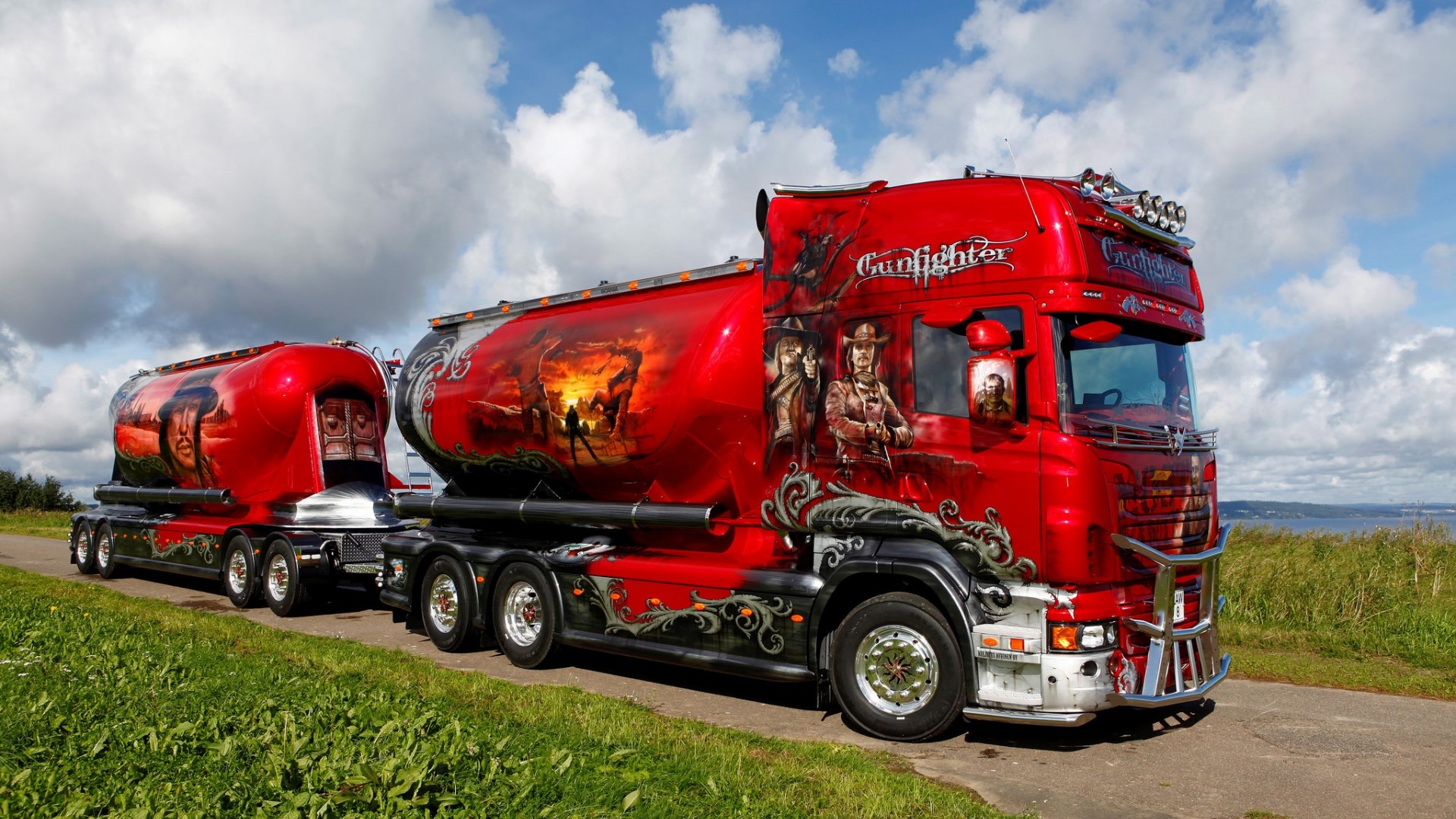 Red Scania R620 truck with "Gunfighter" theme HD Wallpaper