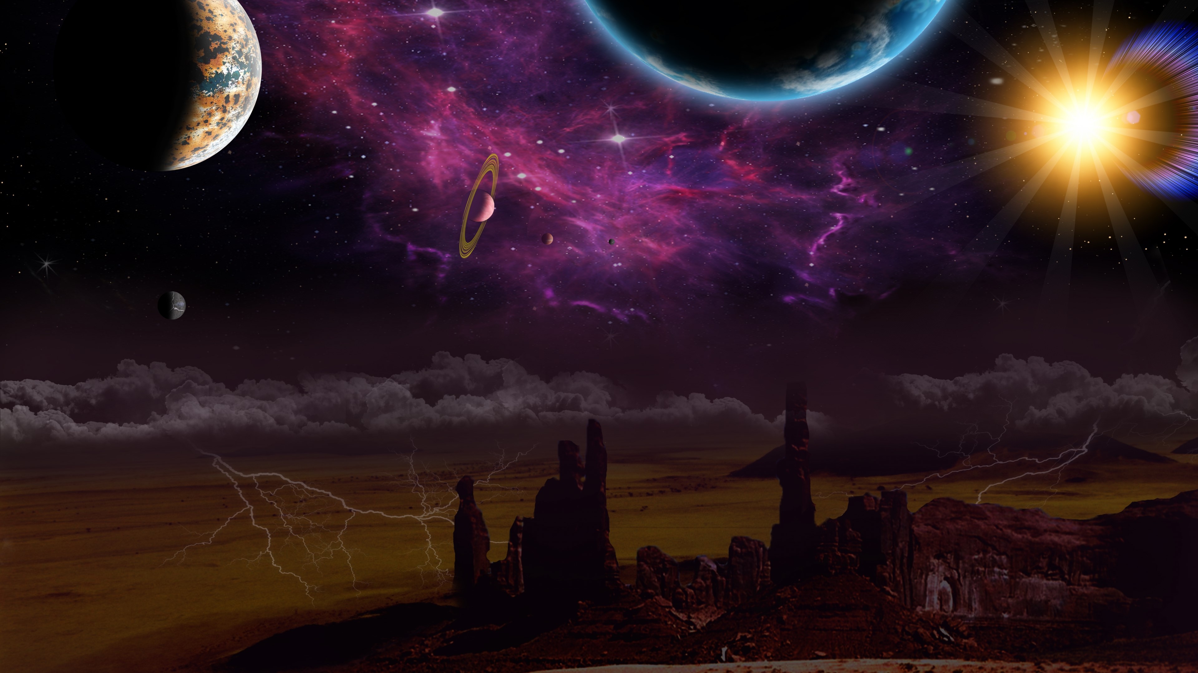 4K Planets in Nebula and Desert Landscape HD Wallpaper