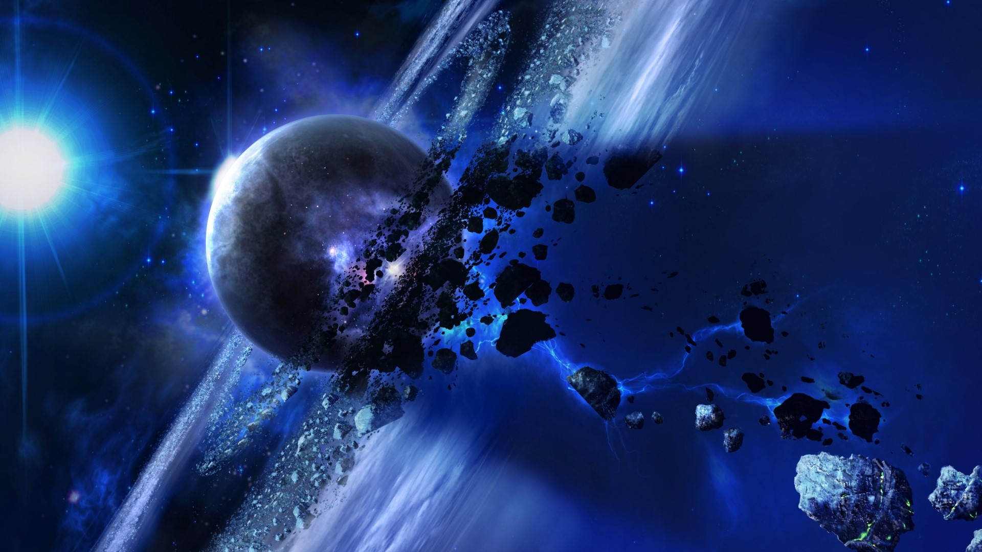 Planet with asteroid belt and bright star HD Wallpaper