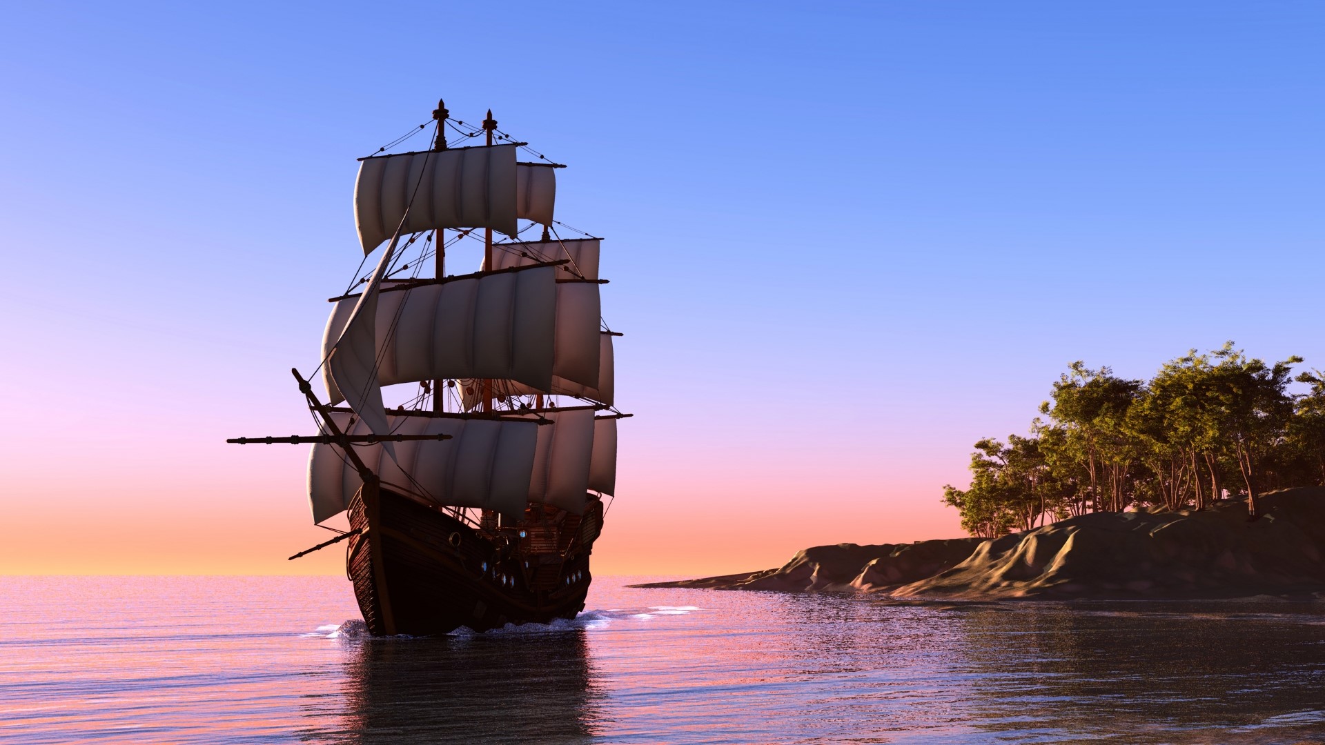 A tall ship sails on the ocean near an island. HD Wallpaper