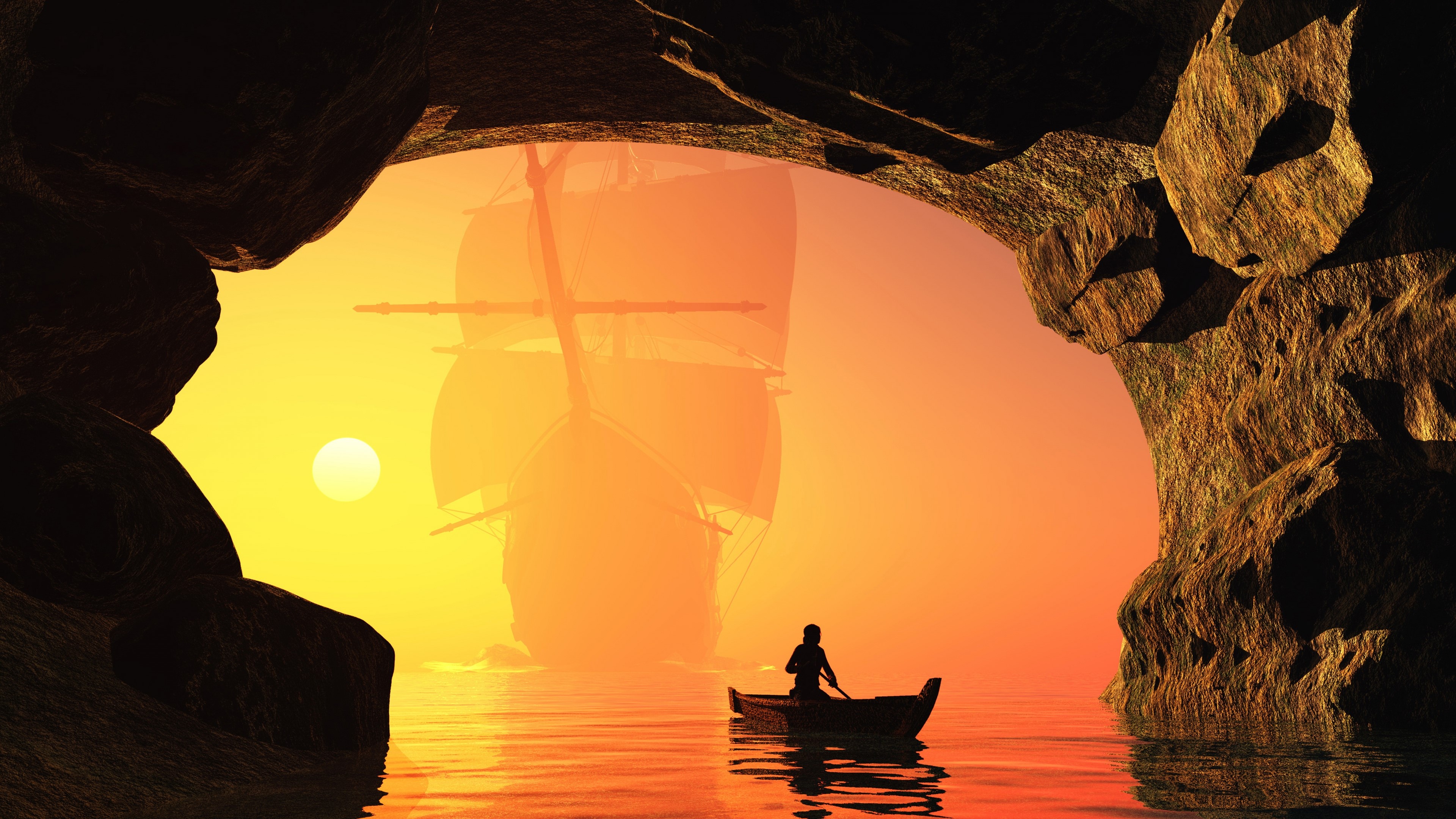 4K Cave with Ship and Rowboat HD Wallpaper