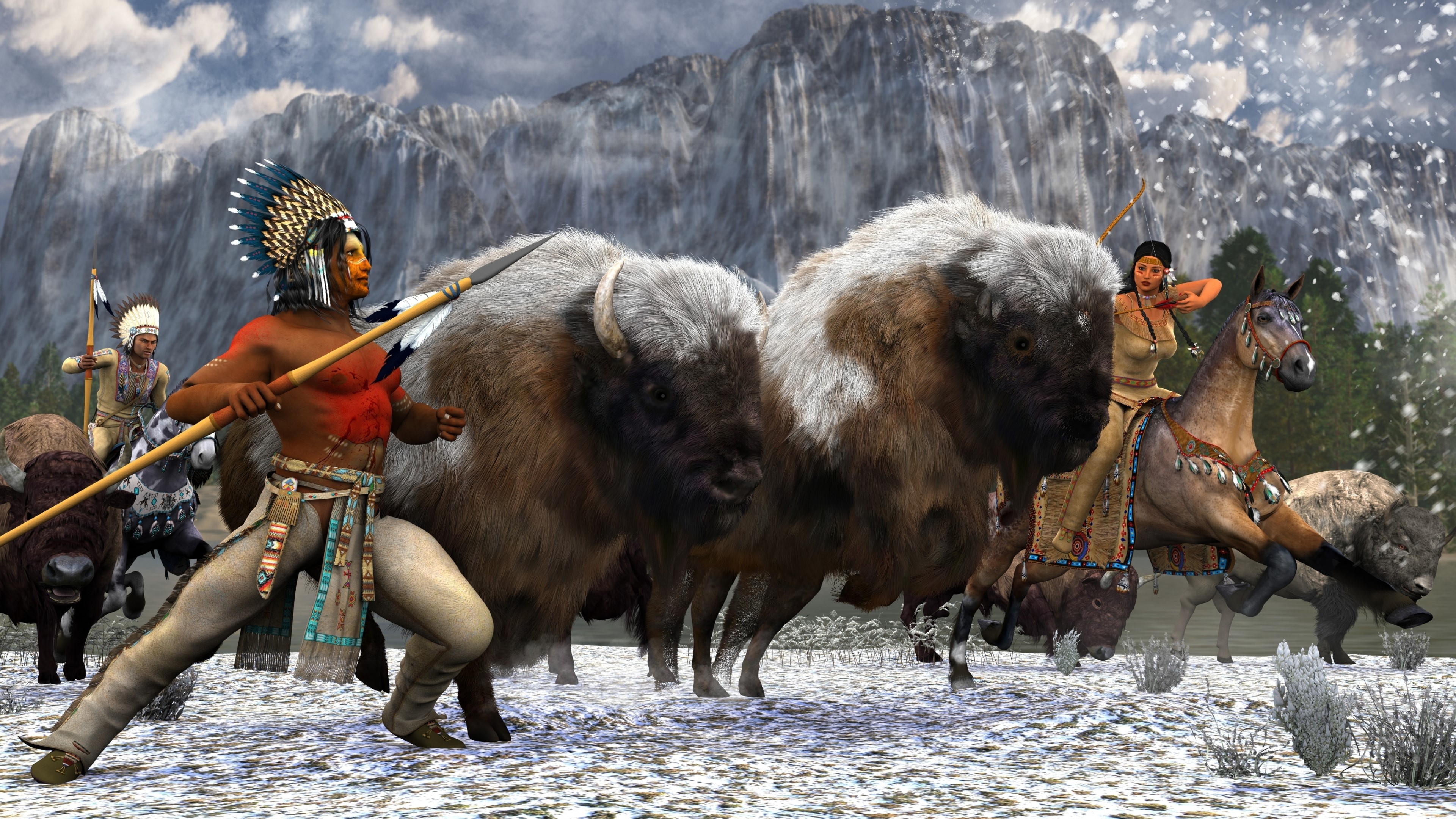 4K Native American Buffalo Hunt HD Wallpaper