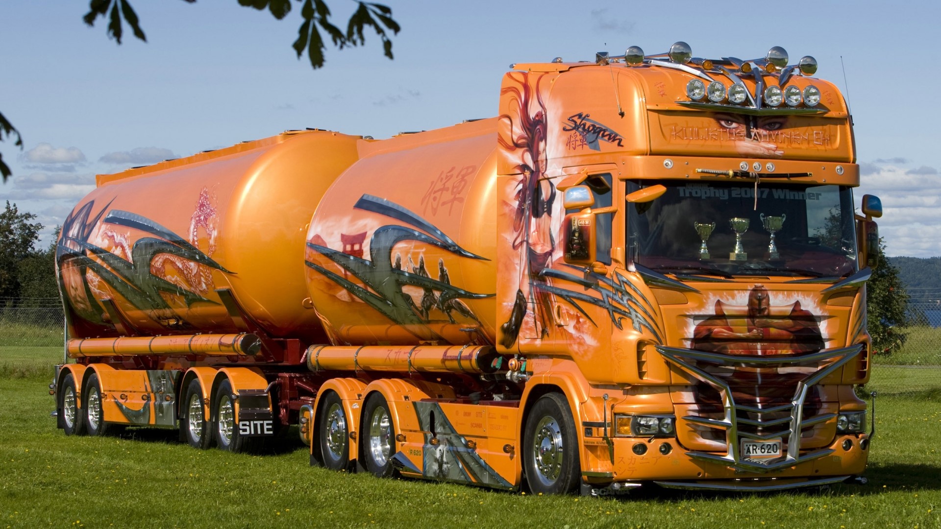 Orange Scania tanker truck with custom paint HD Wallpaper