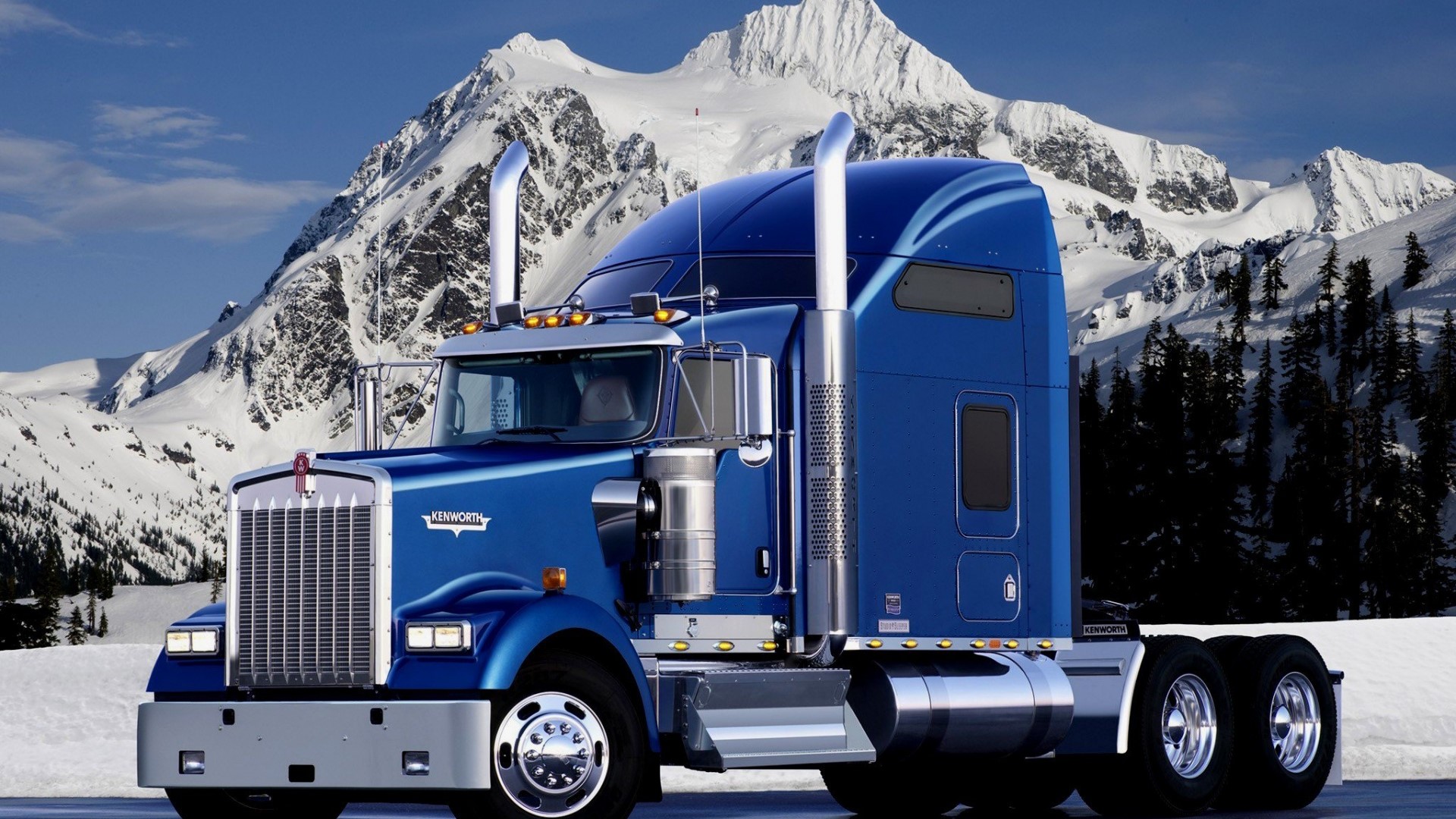 Blue Kenworth Truck in Snowy Mountains HD Wallpaper