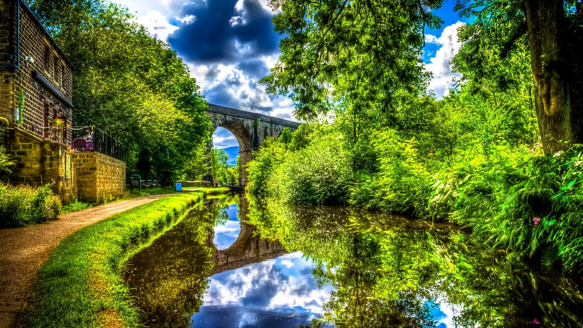 Stone bridge over a canal with reflections HD Wallpaper