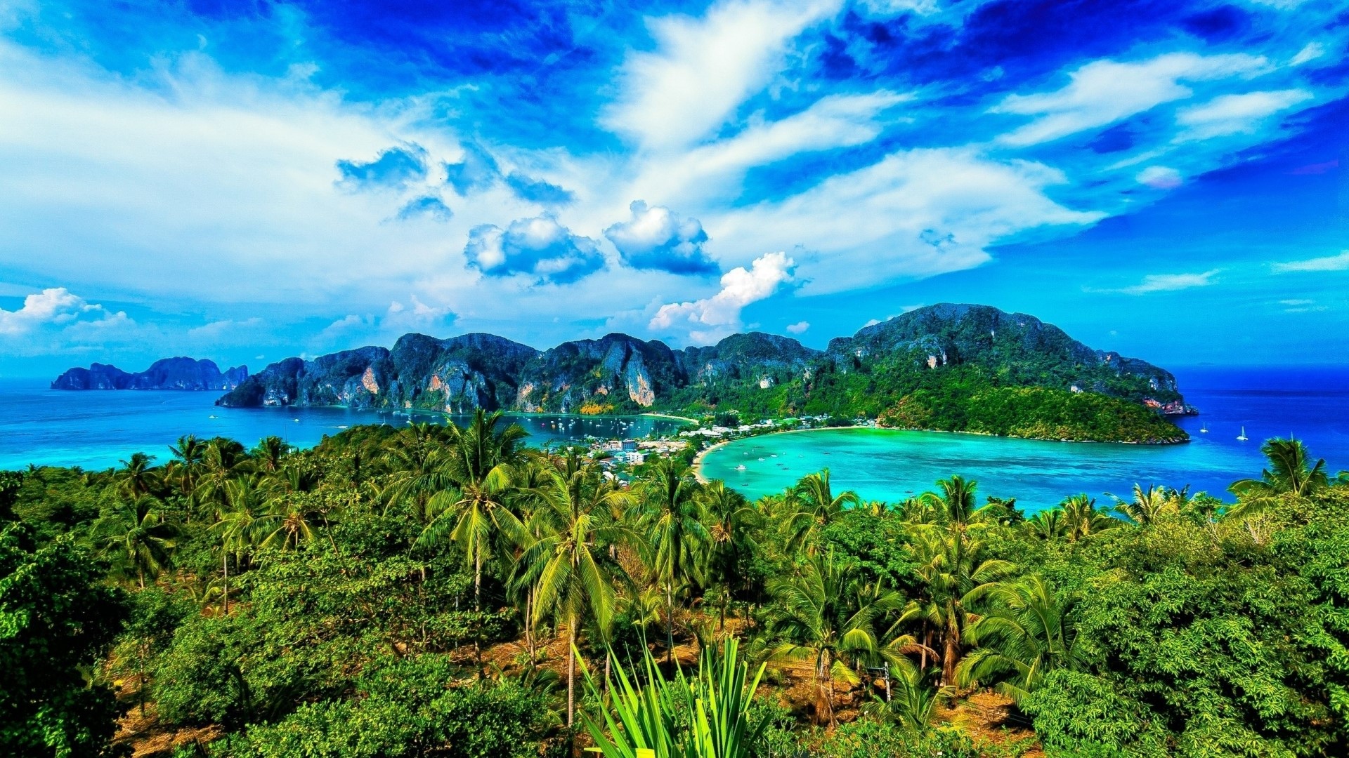 Tropical islands with palm trees and mountains HD Wallpaper
