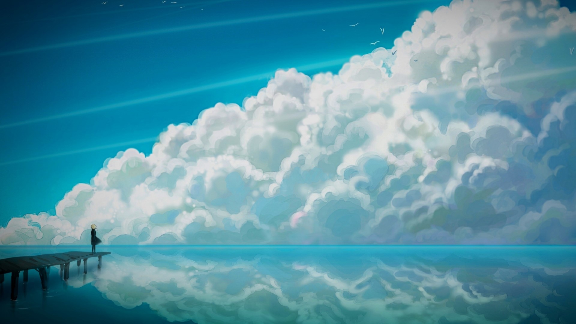 Anime girl on a dock under a cloudy sky HD Wallpaper