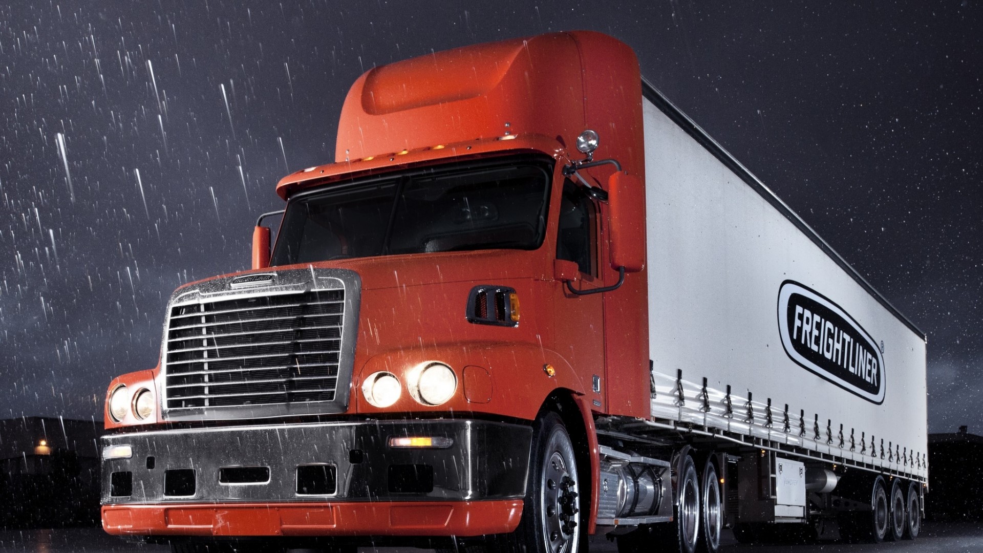 Orange Freightliner Truck in Rain HD Wallpaper