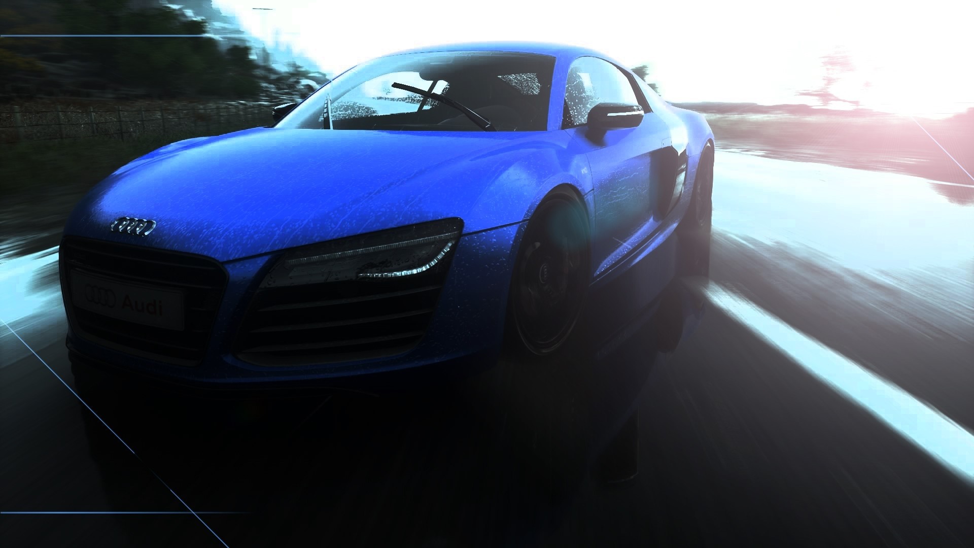 Blue Audi R8 on a wet road HD Wallpaper
