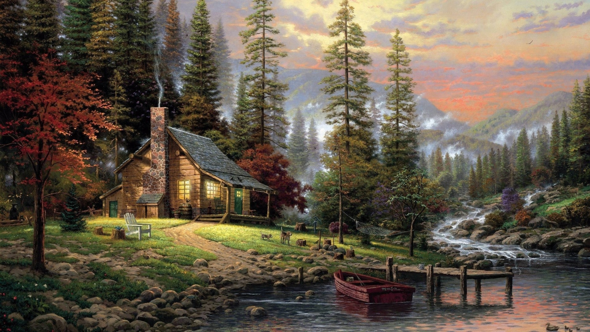 A Peaceful Retreat Cabin by a River HD Wallpaper