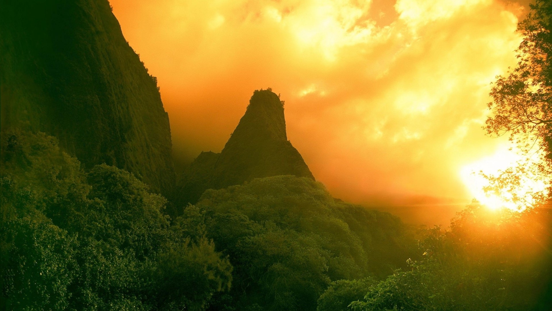 Sunset over a jungle landscape with mountains HD Wallpaper
